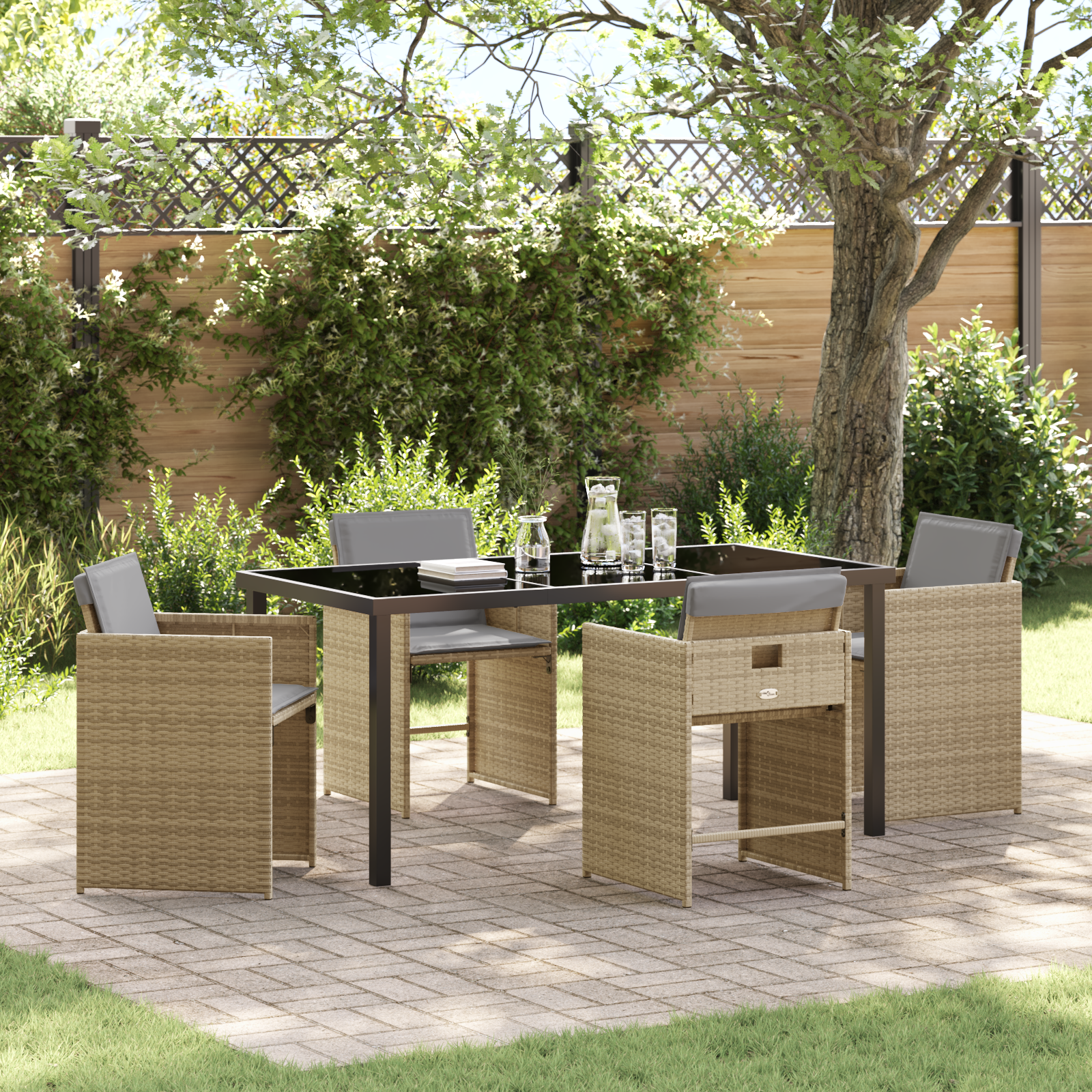 Thumbnail - vidaXL 5-teiliges Garten-Esszimmer-Set mit beigen Poly-Rattan-Auflagen.