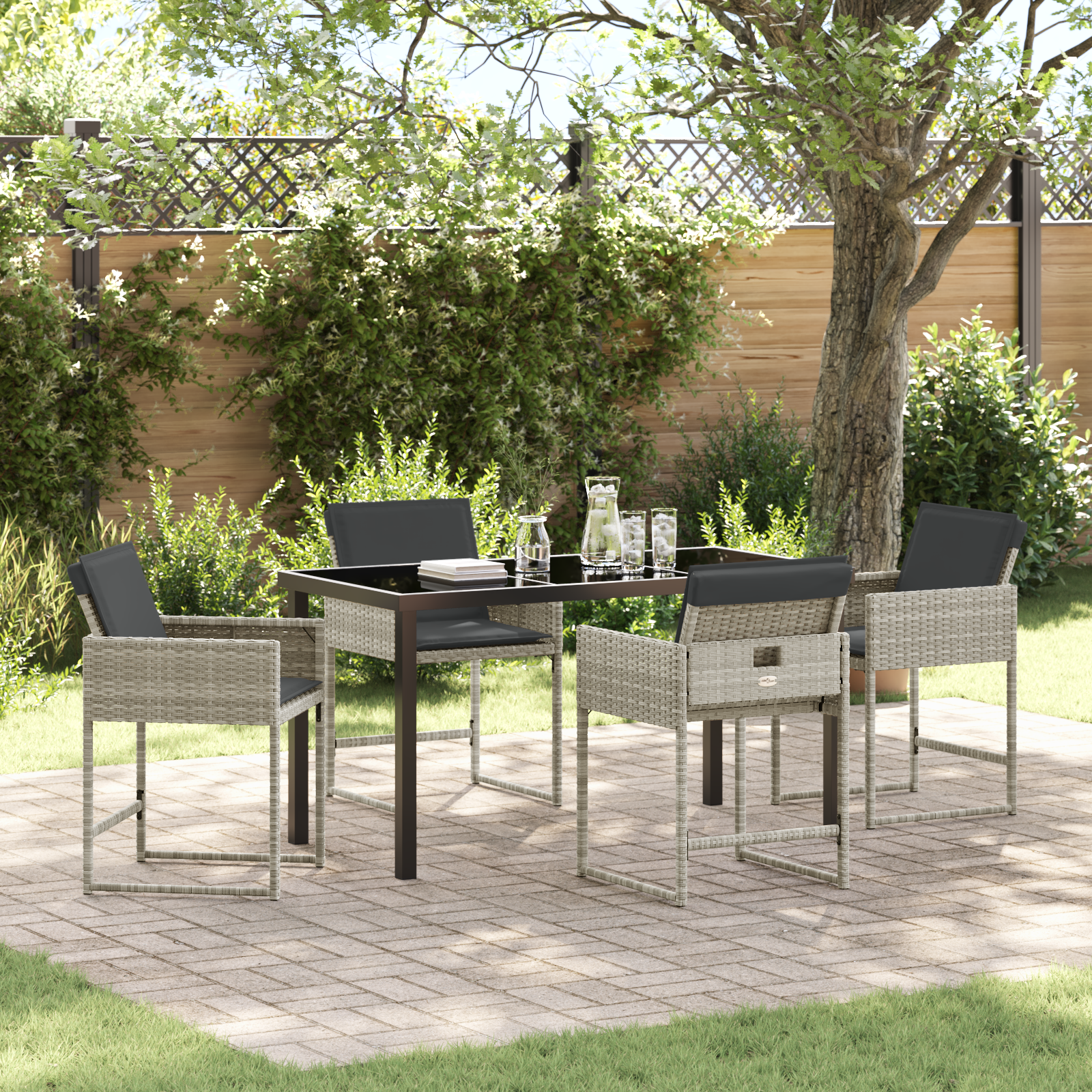 5 Piece Garden Dining Set with Cushions Light Grey Poly Rattan
