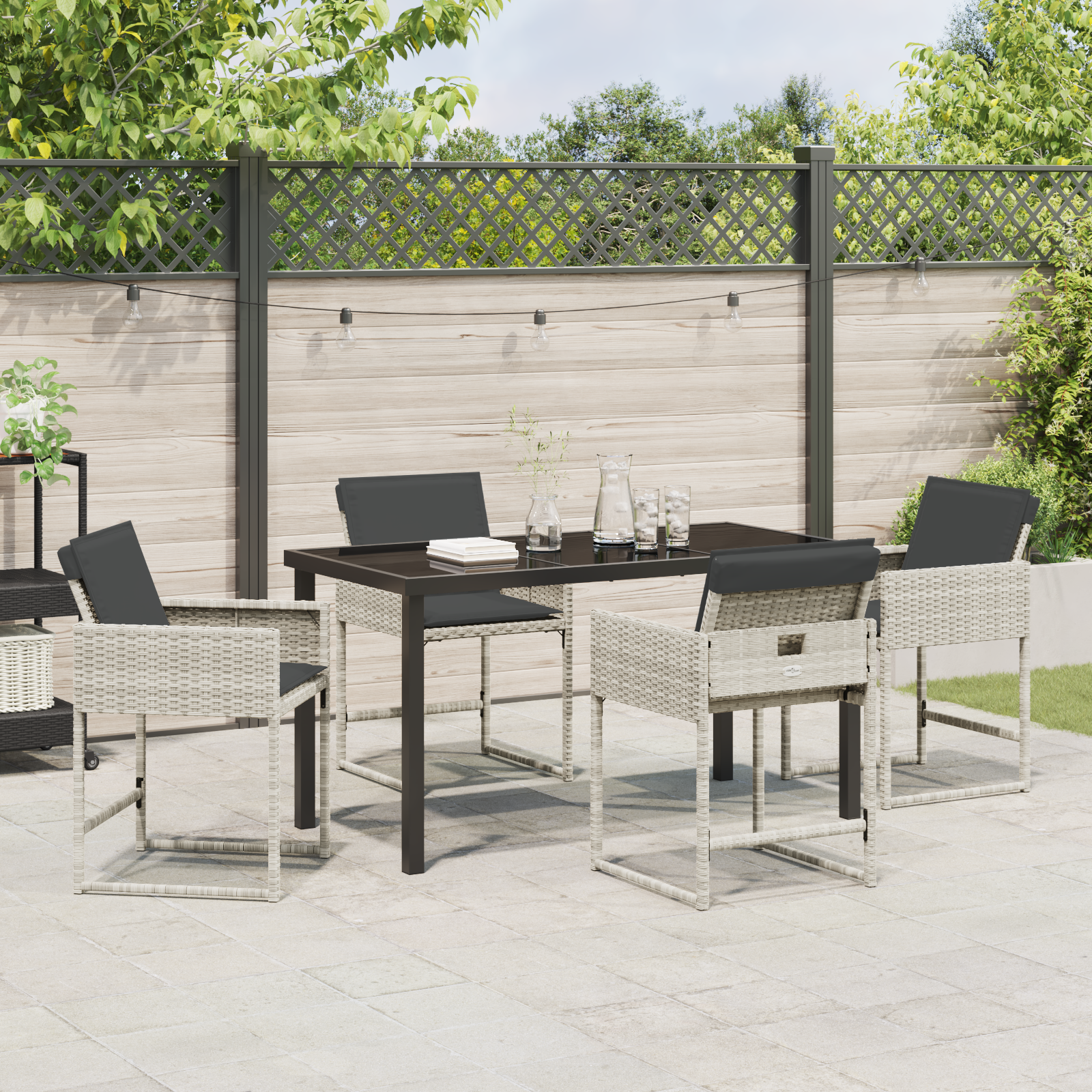 5 Piece Garden Dining Set with Cushions Light Grey Poly Rattan - Image 4