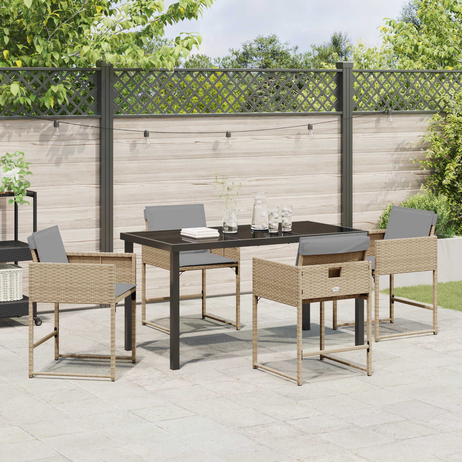 Conjunto de Jantar de Jardim de 5 Peças com Almofadas Rattan Beige Misturado