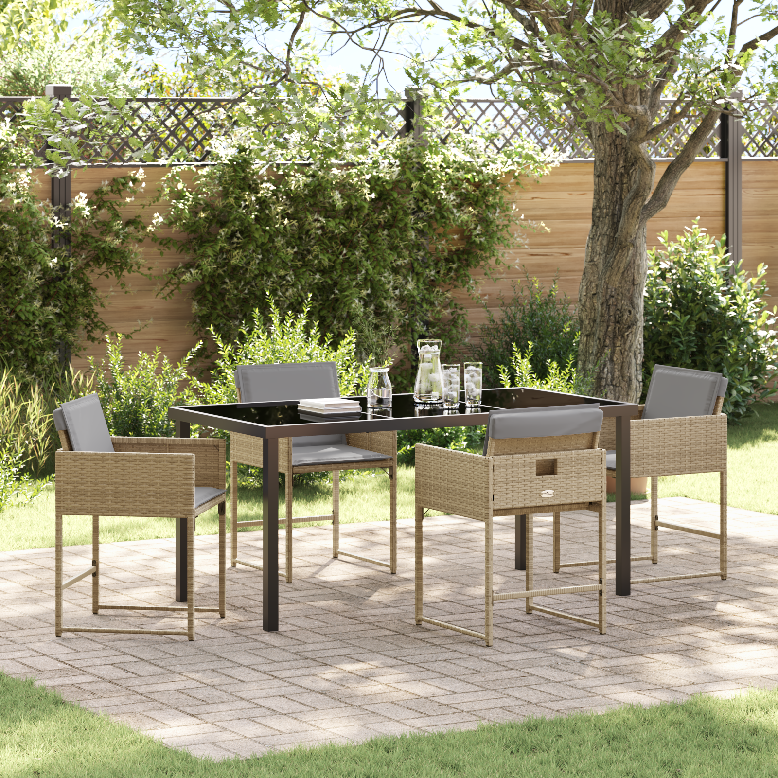 Conjunto de Jantar no Jardim 5 Peças com Almofadas Bege de Rattan Poliéster, Mesa Jardim Preta 160x80x73 cm Vidro Temperado