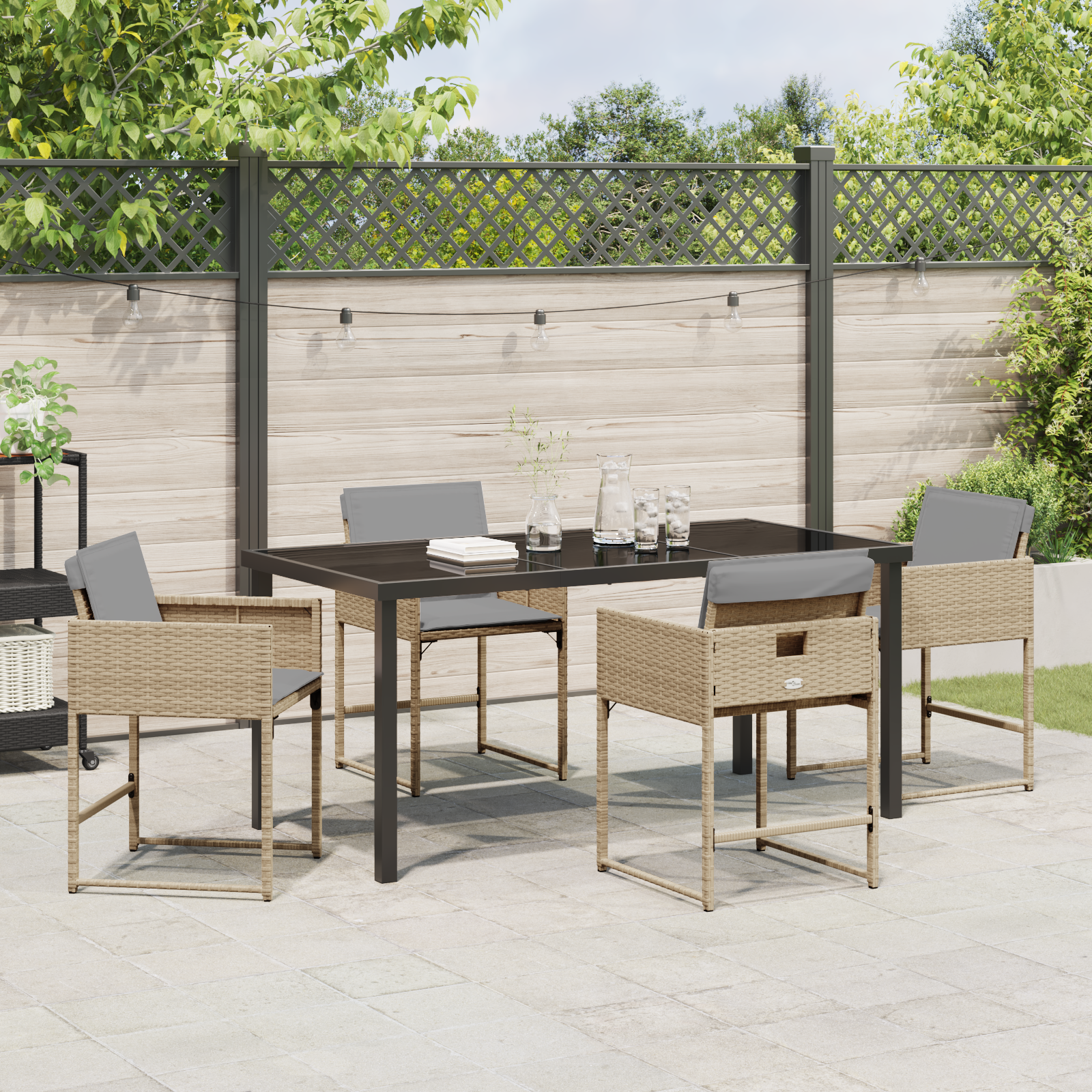 Conjunto de Jantar no Jardim 5 Peças com Almofadas Bege de Rattan Poliéster, Mesa Jardim Preta 160x80x73 cm Vidro Temperado - Image 5