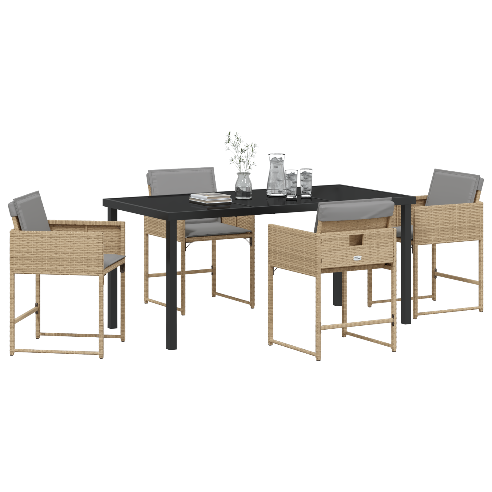 Conjunto de Jantar no Jardim 5 Peças com Almofadas Bege de Rattan Poliéster, Mesa Jardim Preta 160x80x73 cm Vidro Temperado - Image 4