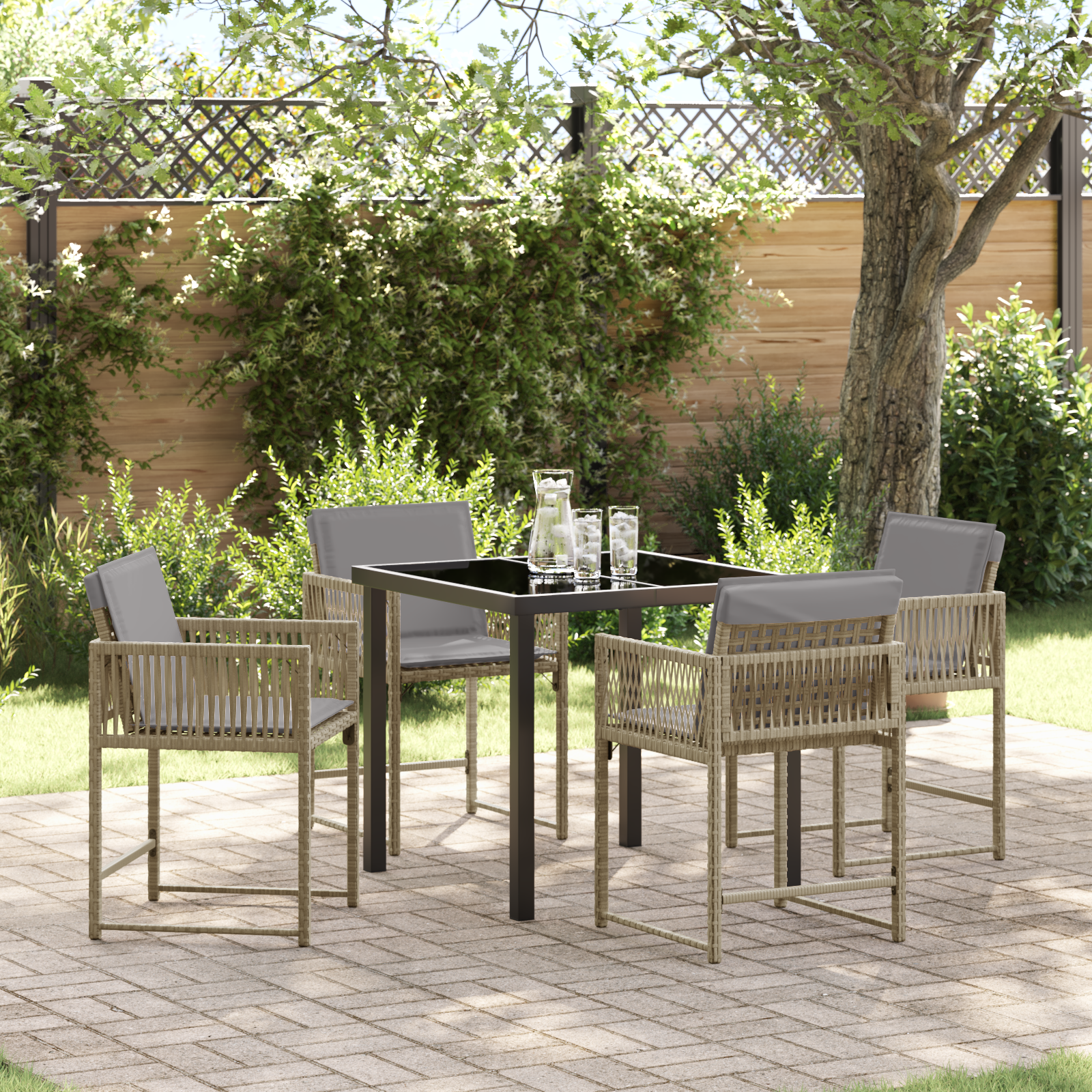 5 Piece Garden Dining Set with Cushions Beige Poly Rattan