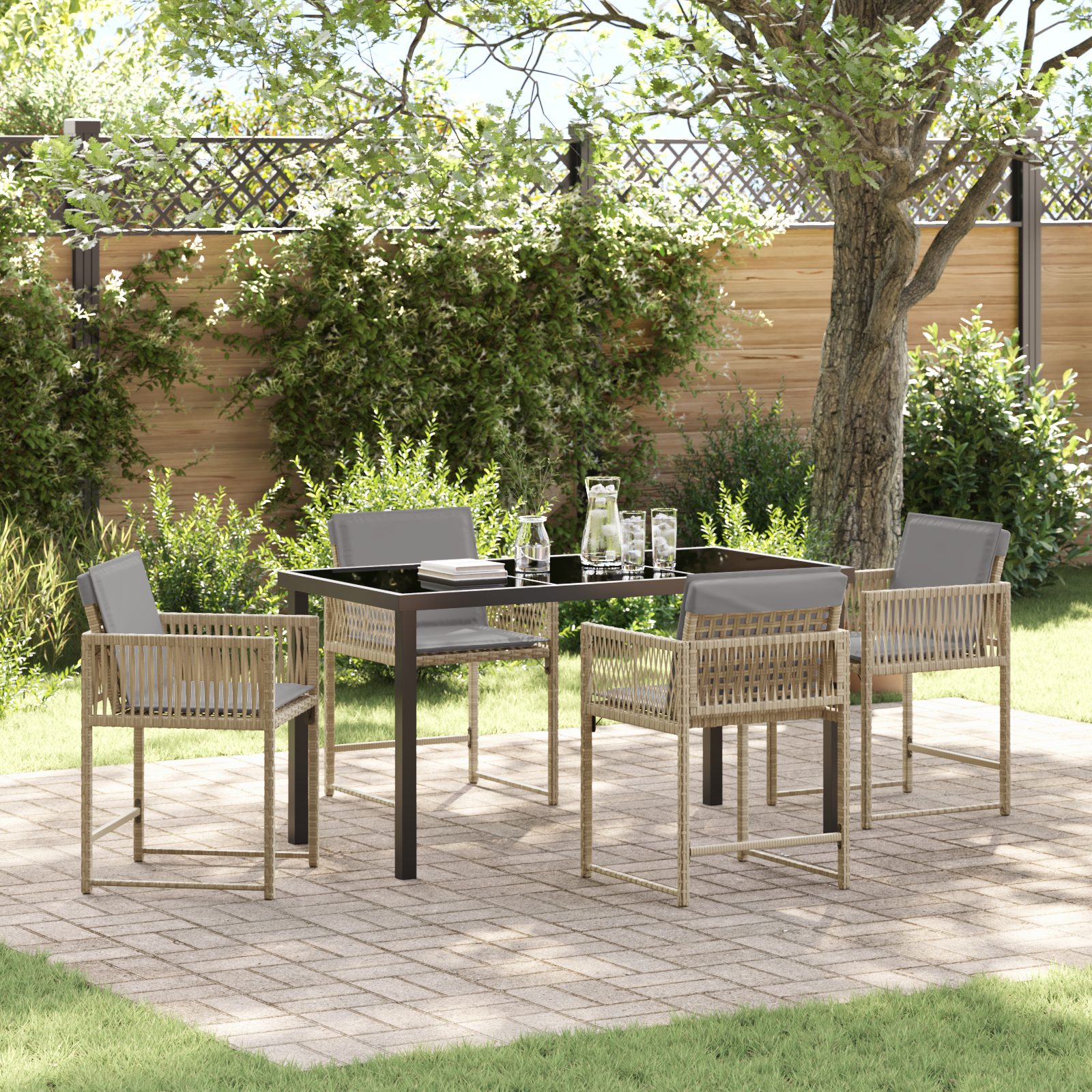 5 Piece Garden Dining Set with Cushions Beige Poly Rattan