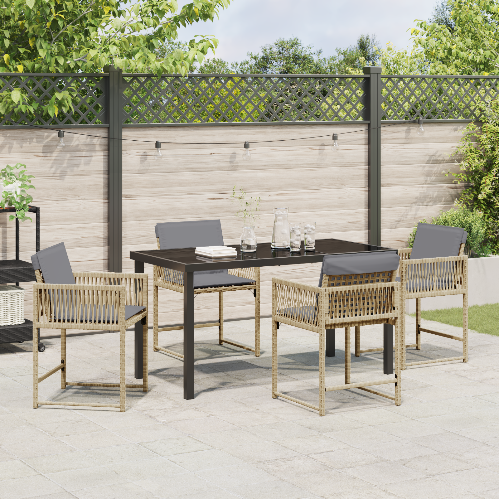 5 Piece Garden Dining Set with Cushions Beige Poly Rattan - Image 4