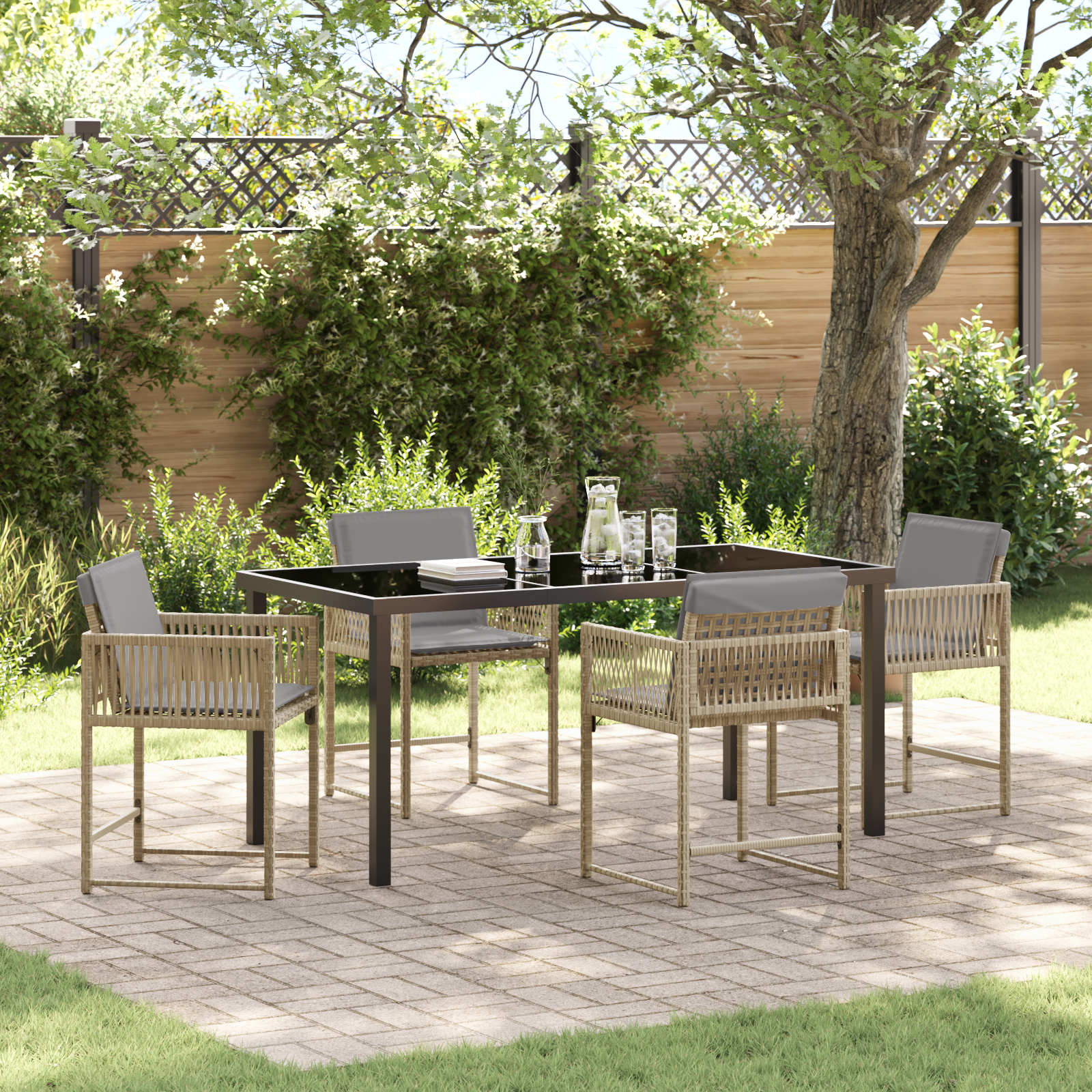 5 Piece Garden Dining Set with Cushions Beige Poly Rattan