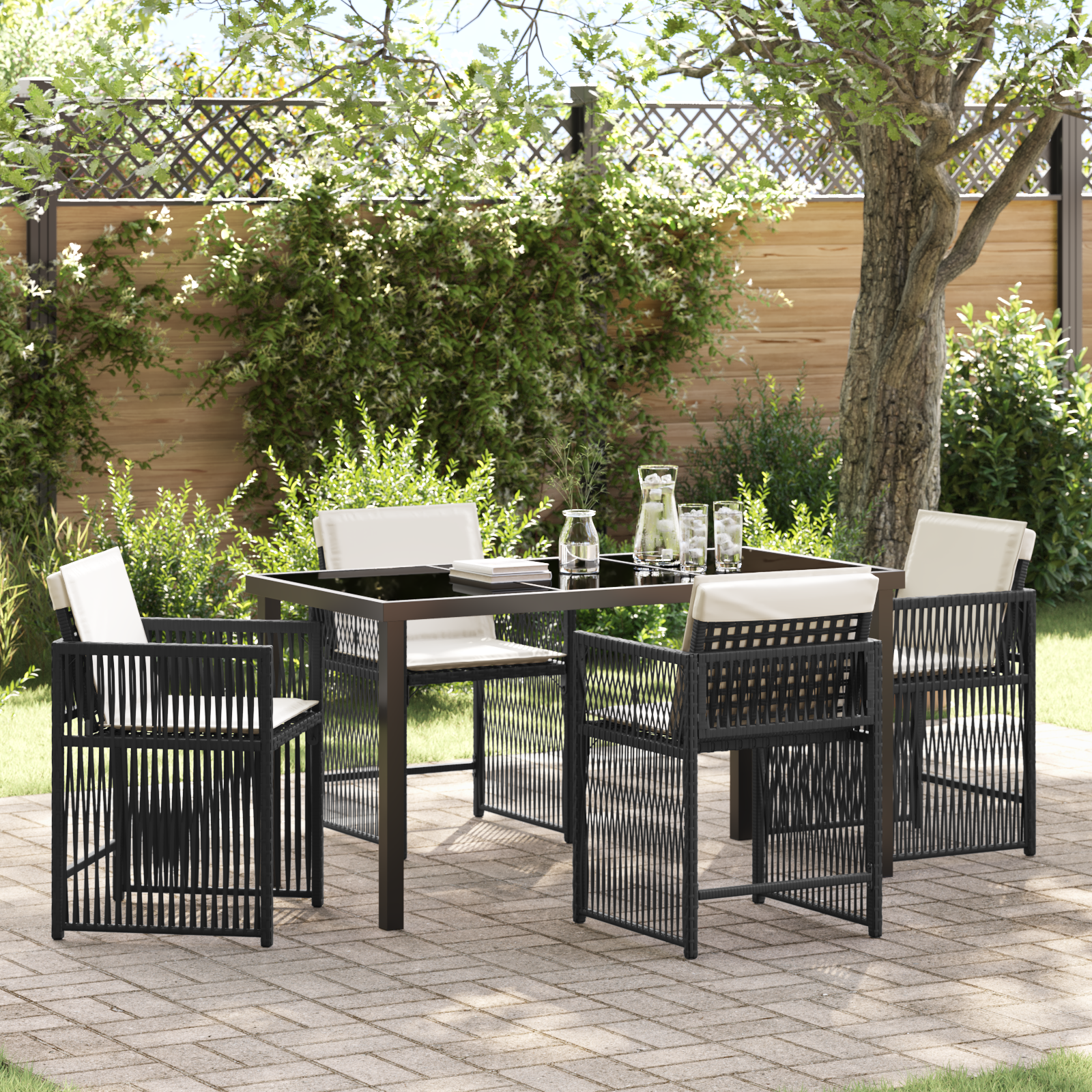 5 Piece Garden Dining Set with Cushions Black Poly Rattan