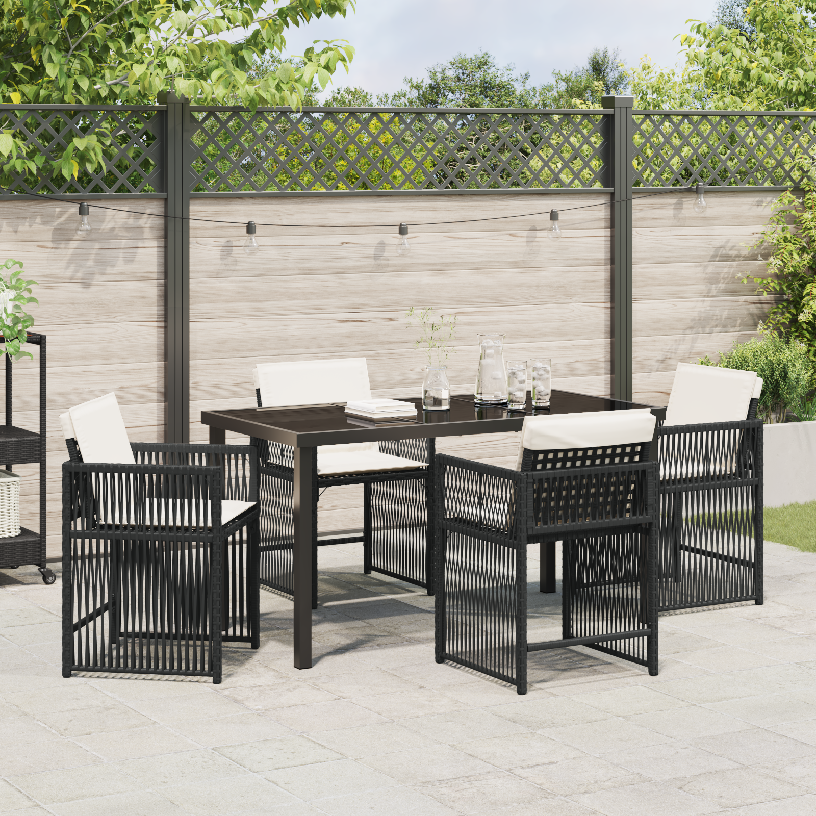5 Piece Garden Dining Set with Cushions Black Poly Rattan - Image 4