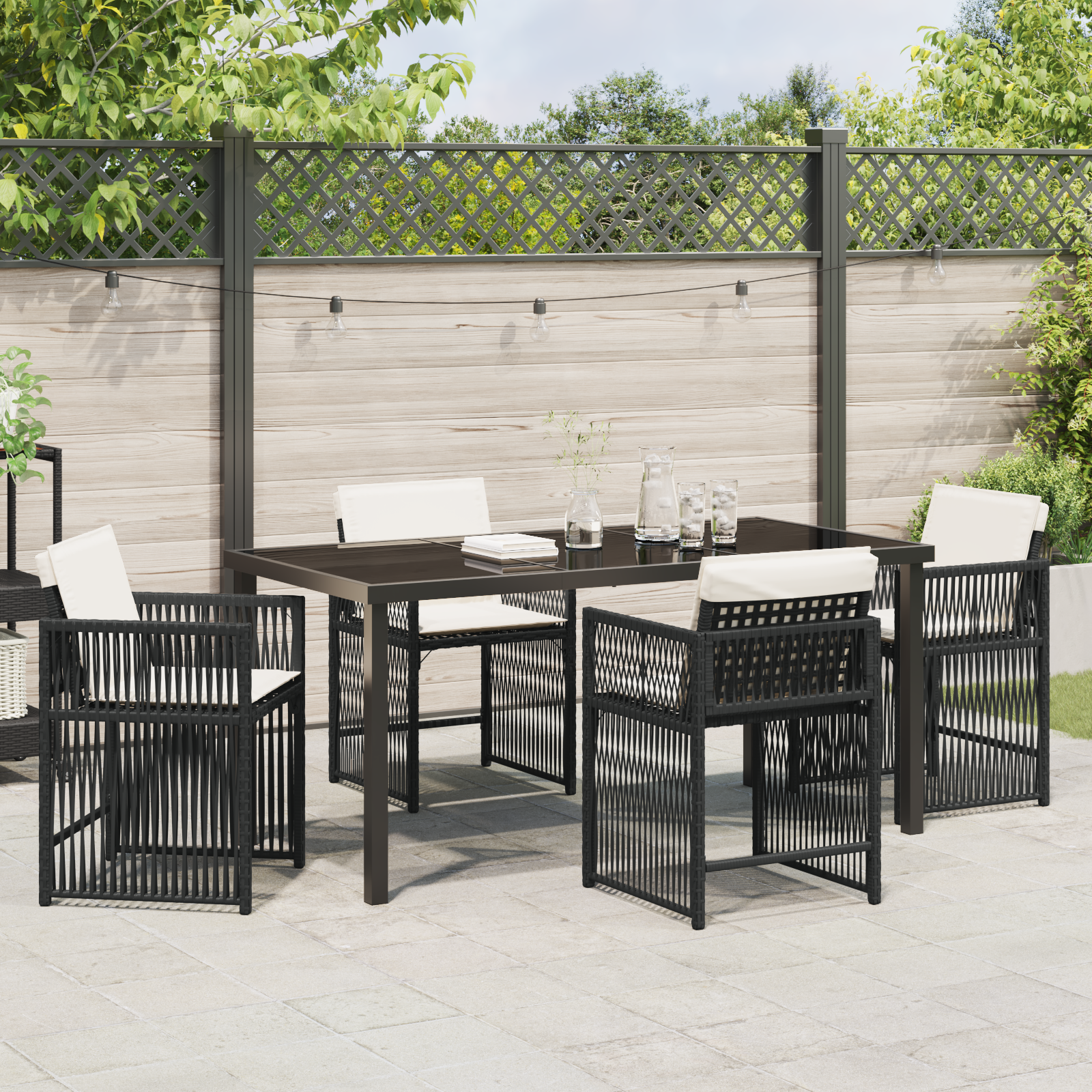 5 Piece Garden Dining Set with Cushions Black Poly Rattan - Image 4