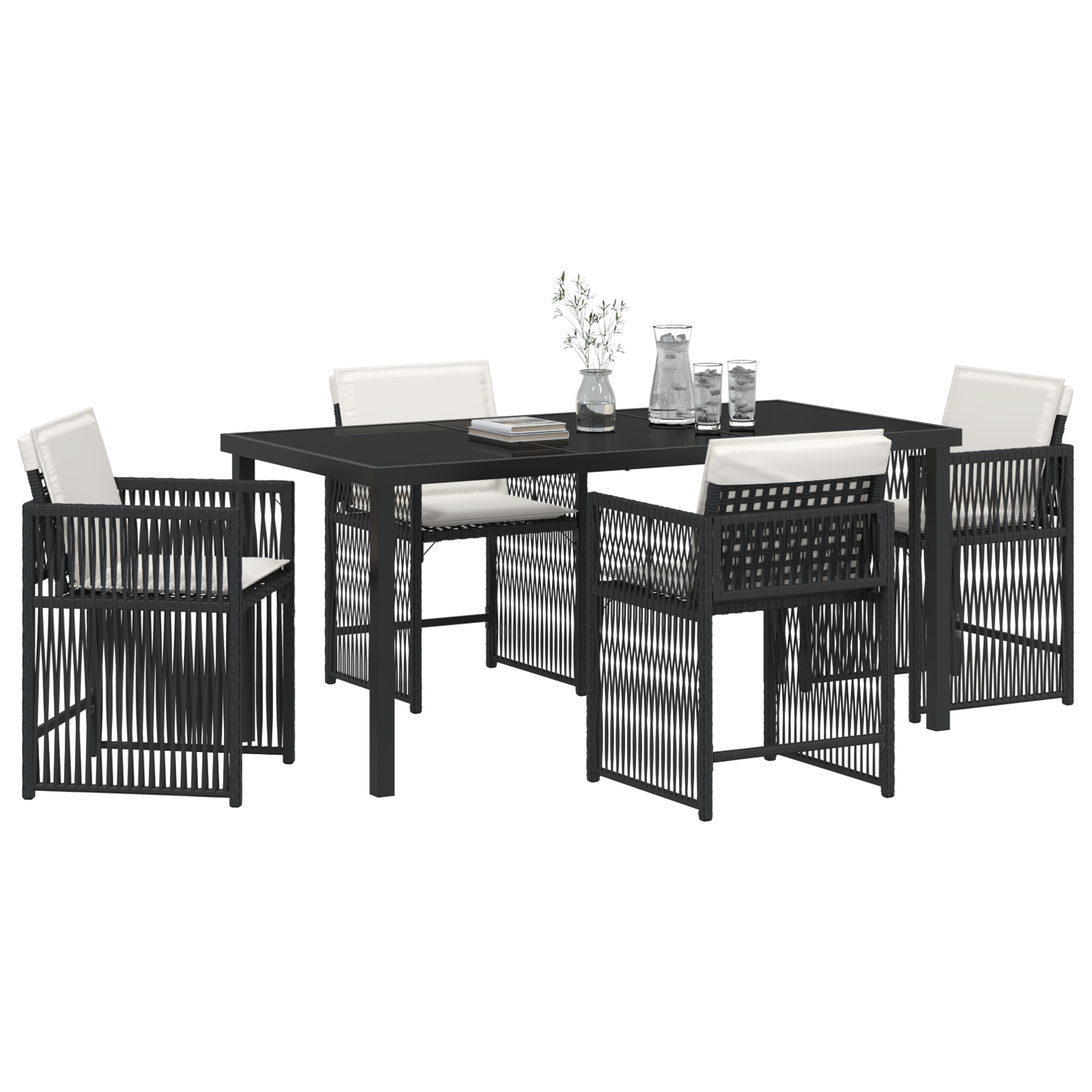 5 Piece Garden Dining Set with Cushions Black Poly Rattan - Image 3