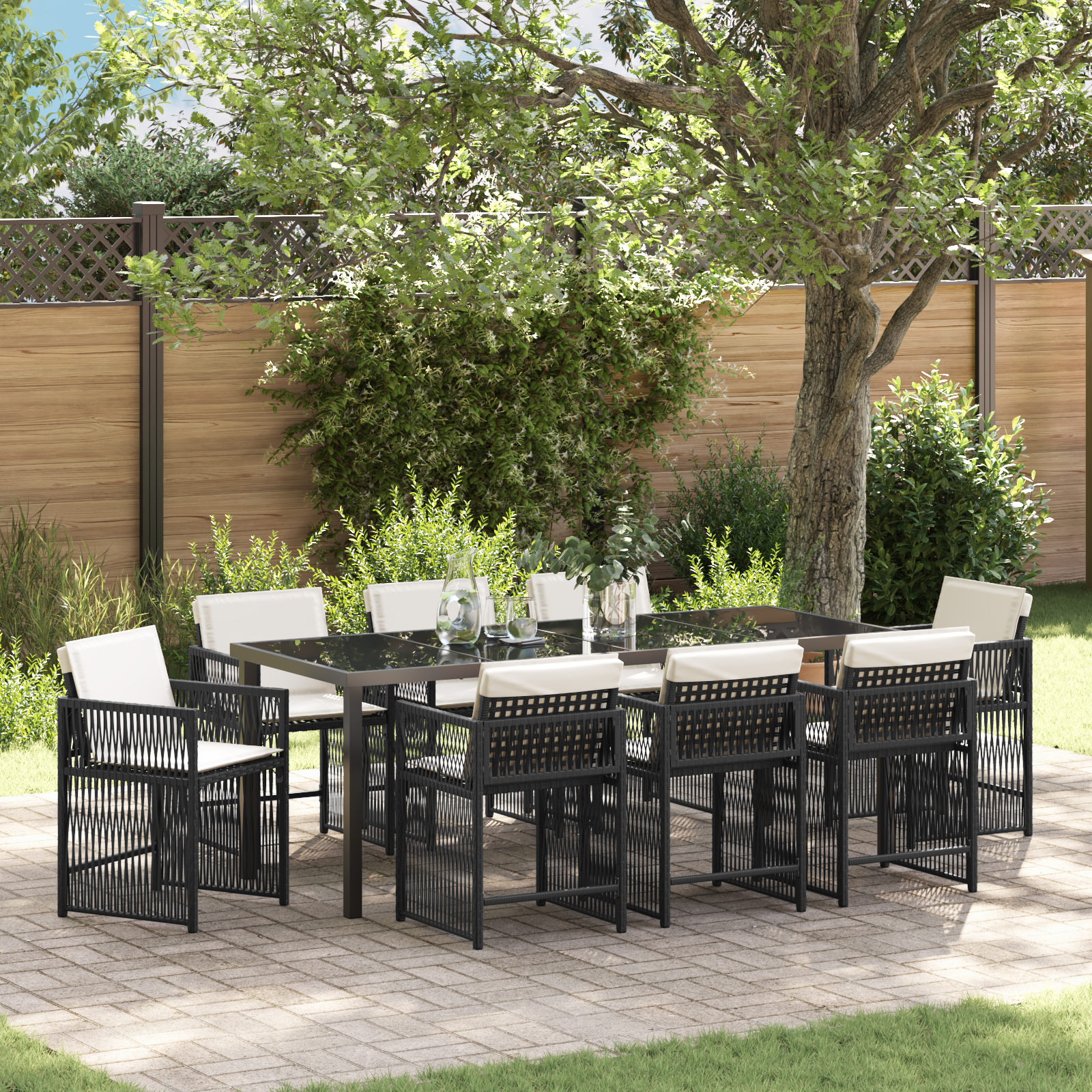 Thumbnail - vidaXL 9-teilige Gartentischgruppe mit Kissen in Schwarz aus Poly-Rattan