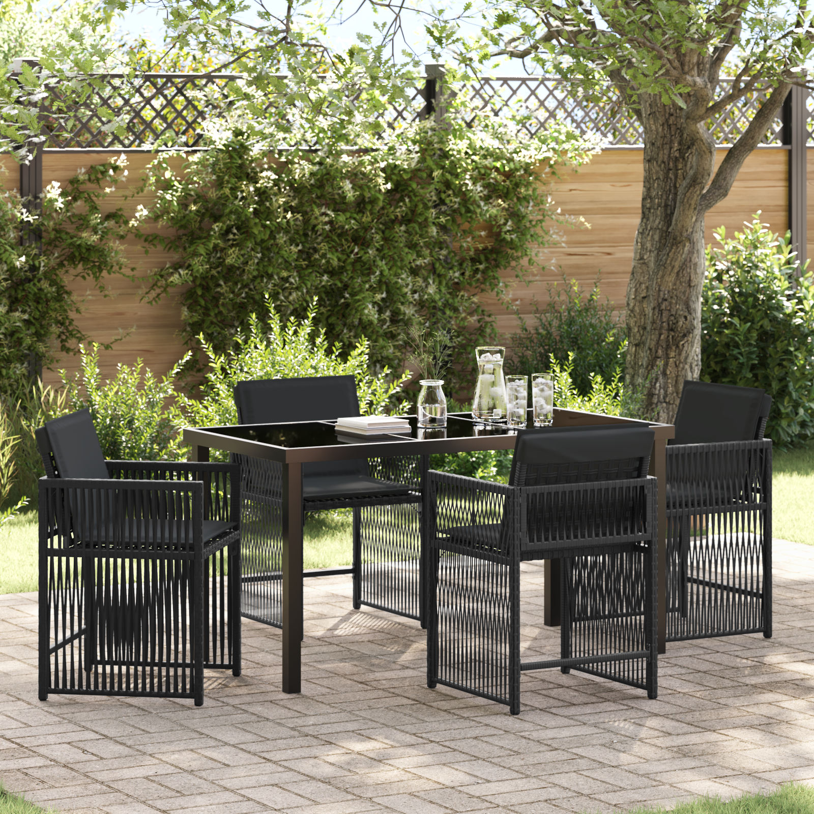 5 Piece Garden Dining Set with Cushions Black Poly Rattan