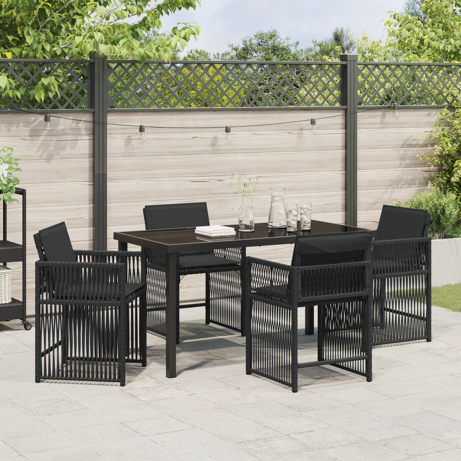 5 Piece Garden Dining Set with Cushions Black Poly Rattan - Image 4