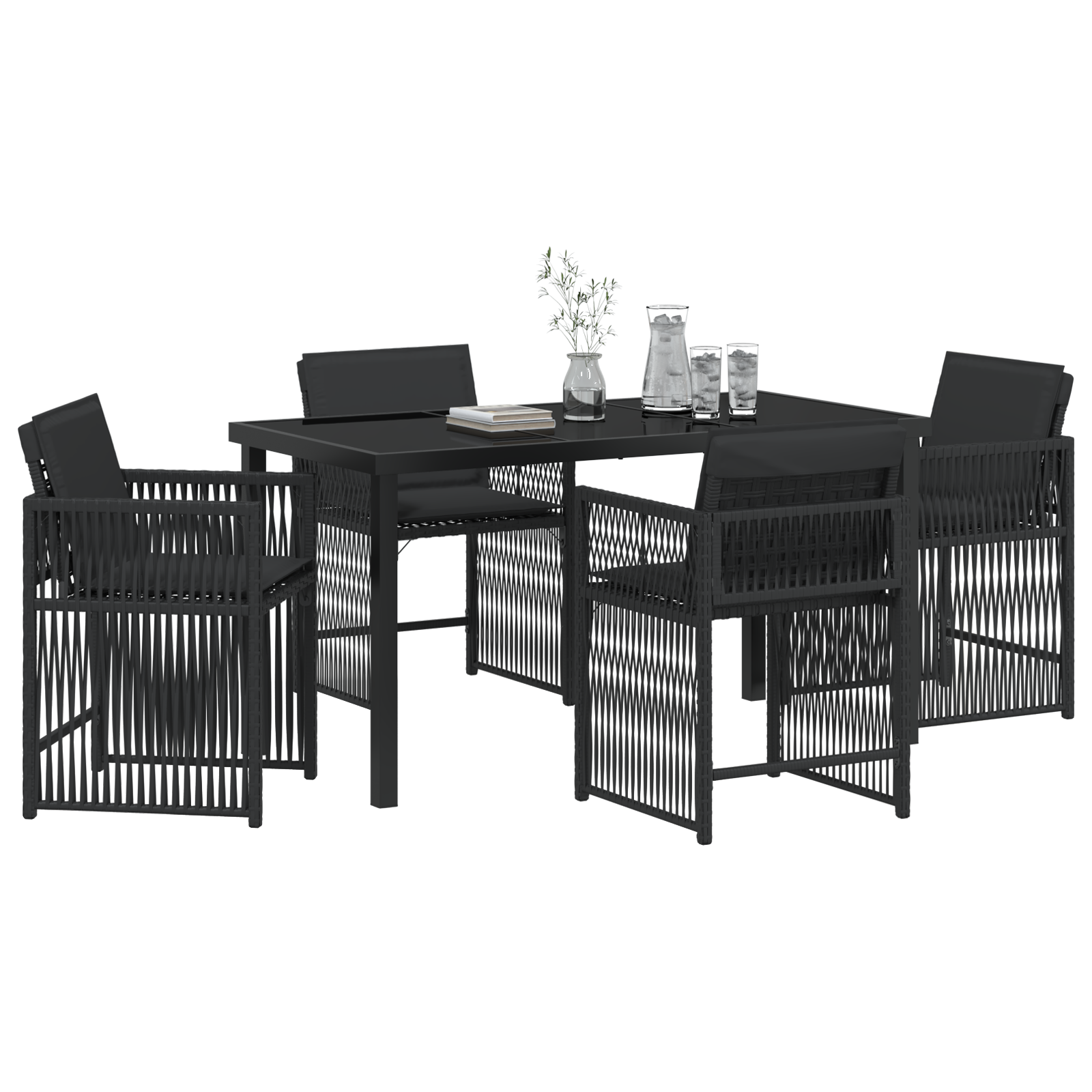 5 Piece Garden Dining Set with Cushions Black Poly Rattan - Image 3