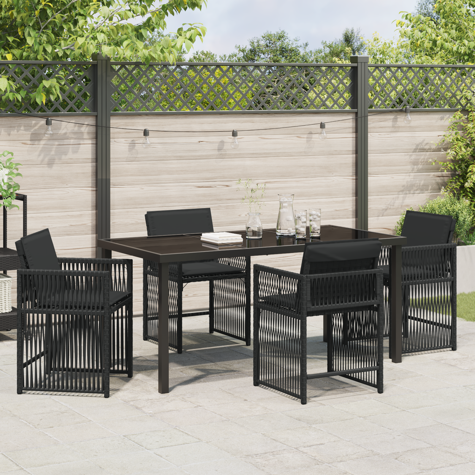 5 Piece Garden Dining Set with Cushions Black Poly Rattan - Image 4