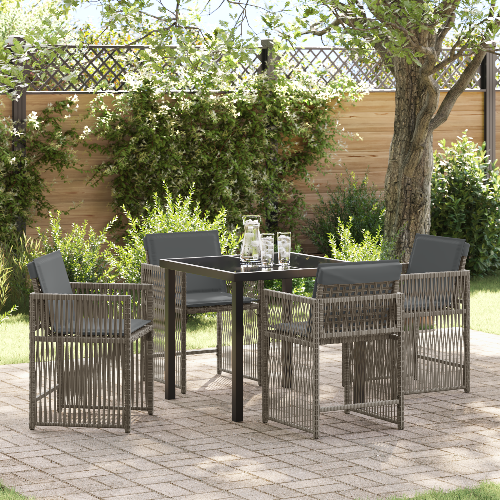 5 Piece Garden Dining Set with Cushions Grey Poly Rattan