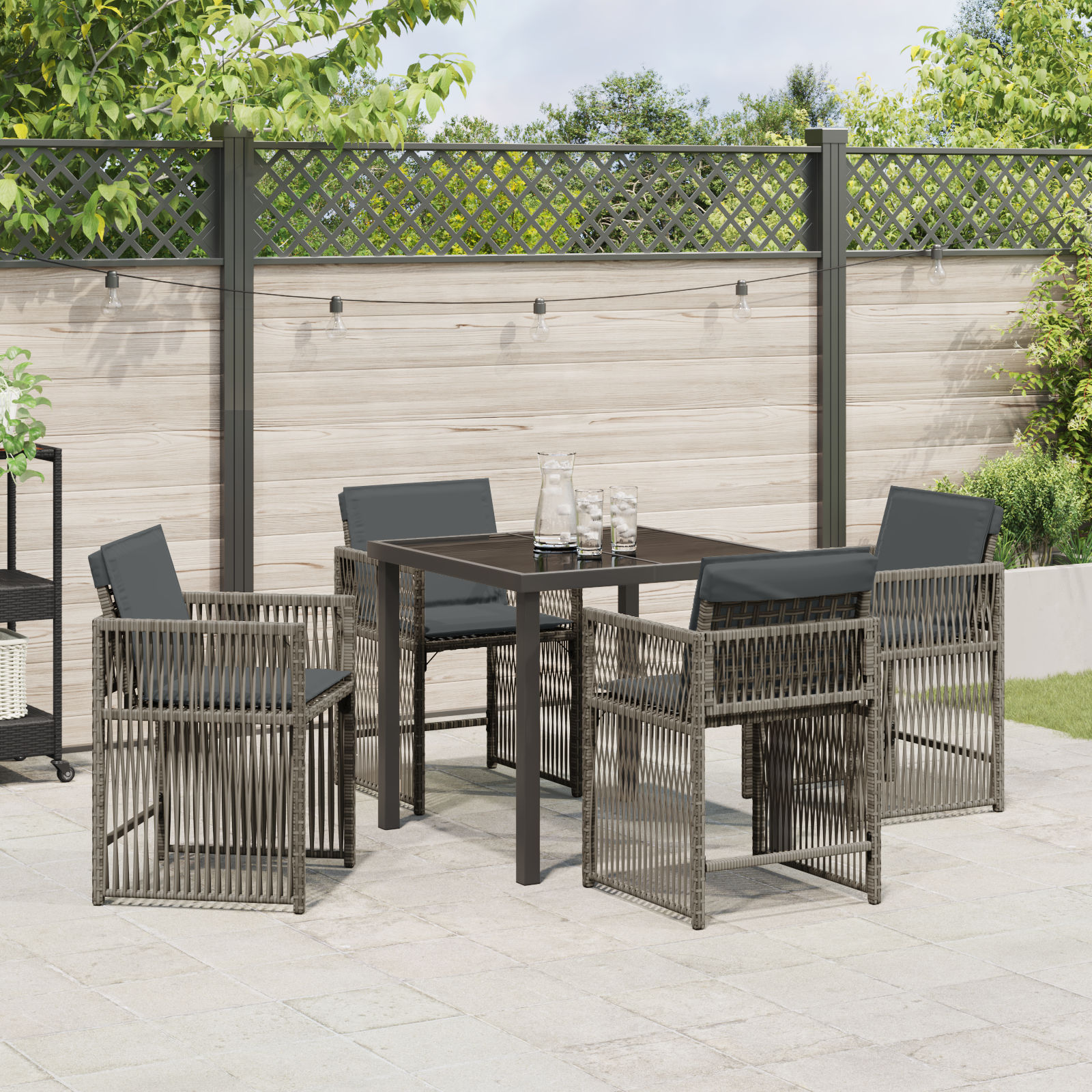 5 Piece Garden Dining Set with Cushions Grey Poly Rattan - Image 4