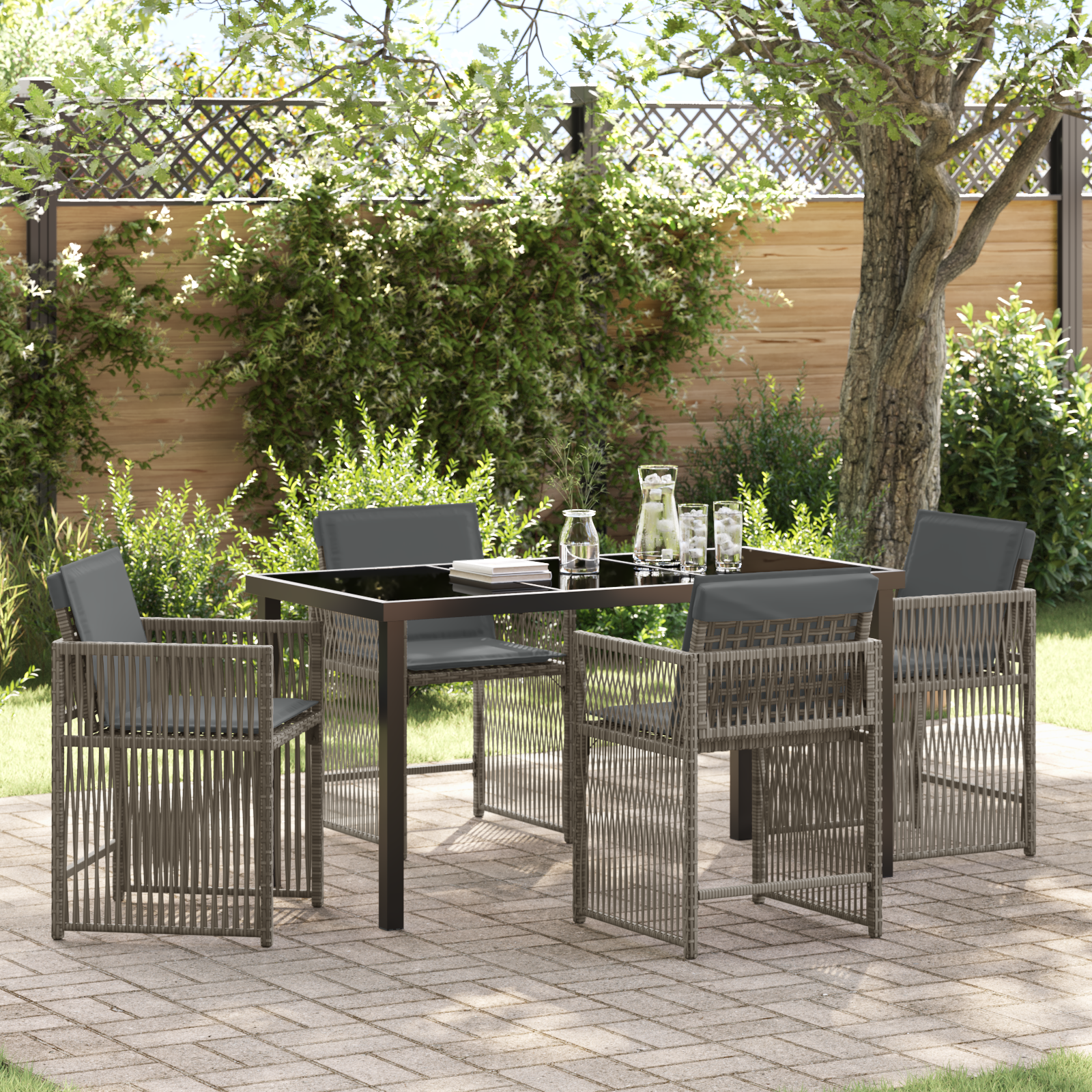 5 Piece Garden Dining Set with Cushions Grey Poly Rattan