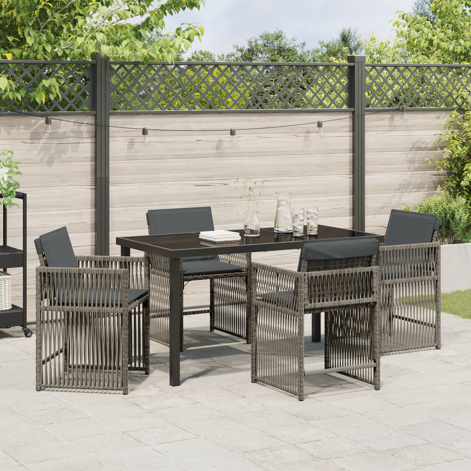 5 Piece Garden Dining Set with Cushions Grey Poly Rattan - Image 4