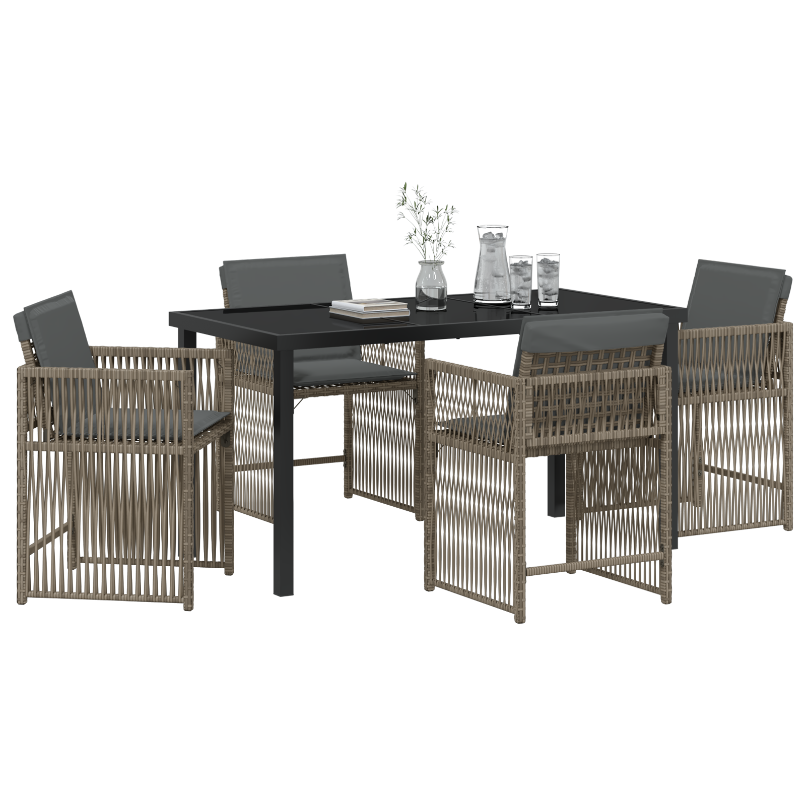 5 Piece Garden Dining Set with Cushions Grey Poly Rattan - Image 3