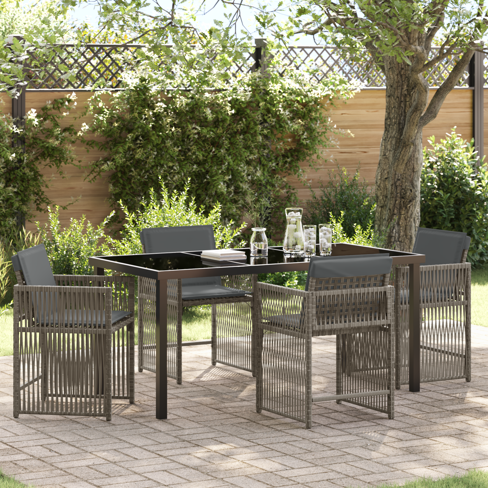 5 Piece Garden Dining Set with Cushions Grey Poly Rattan