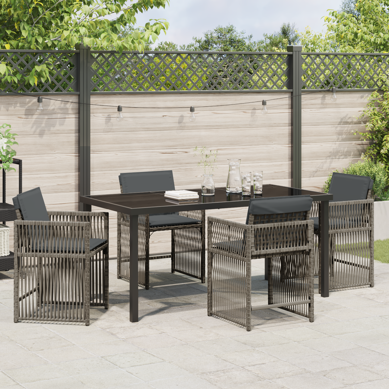 5 Piece Garden Dining Set with Cushions Grey Poly Rattan - Image 4