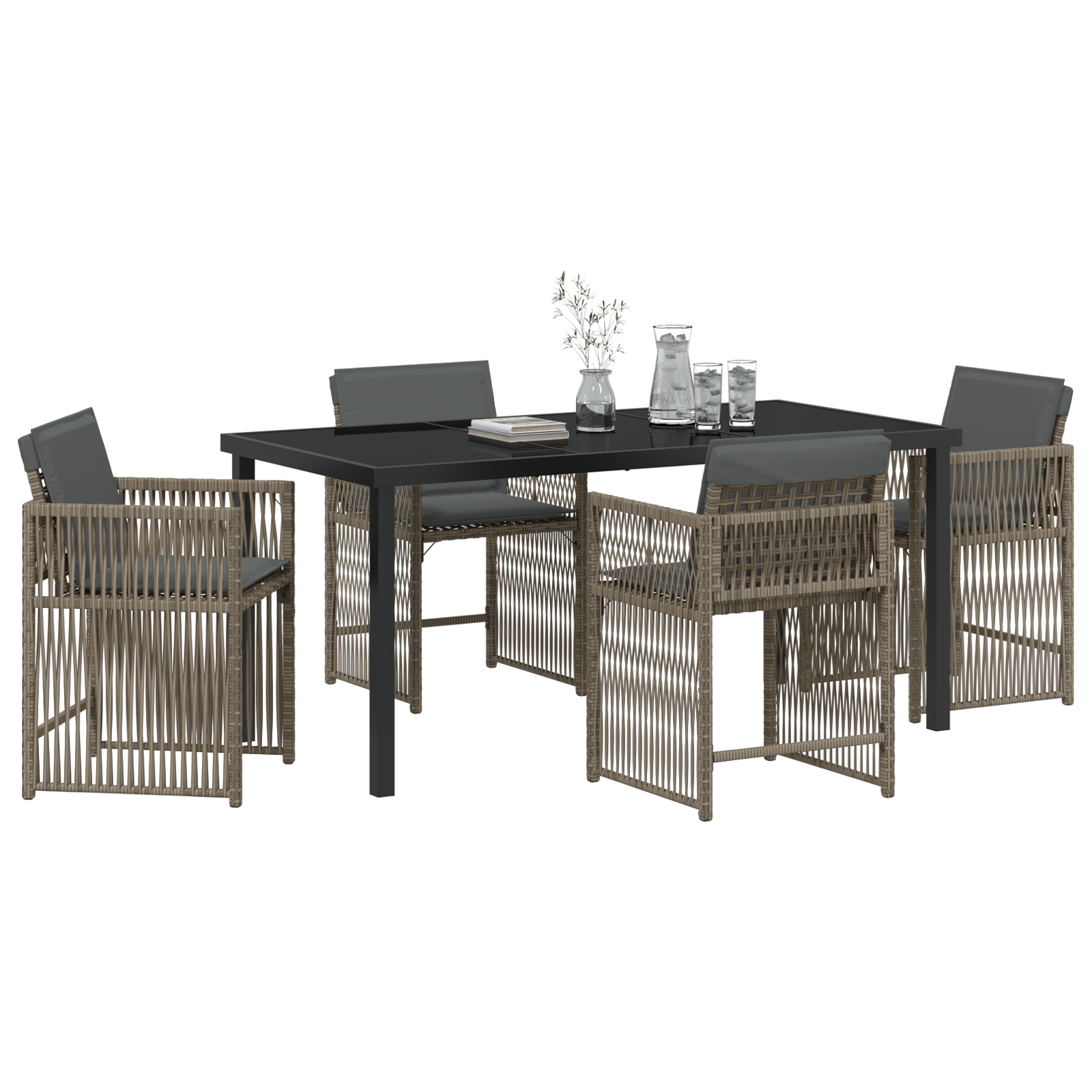 5 Piece Garden Dining Set with Cushions Grey Poly Rattan - Image 3