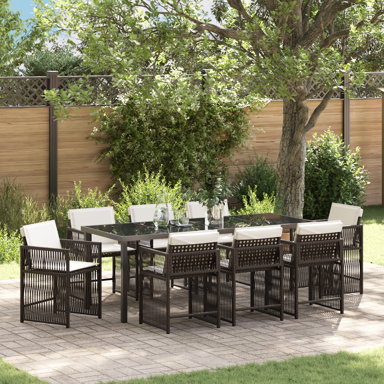Thumbnail - vidaXL 9-teiliges Gartenessset mit Kissen in Braun aus Poly-Rattan
