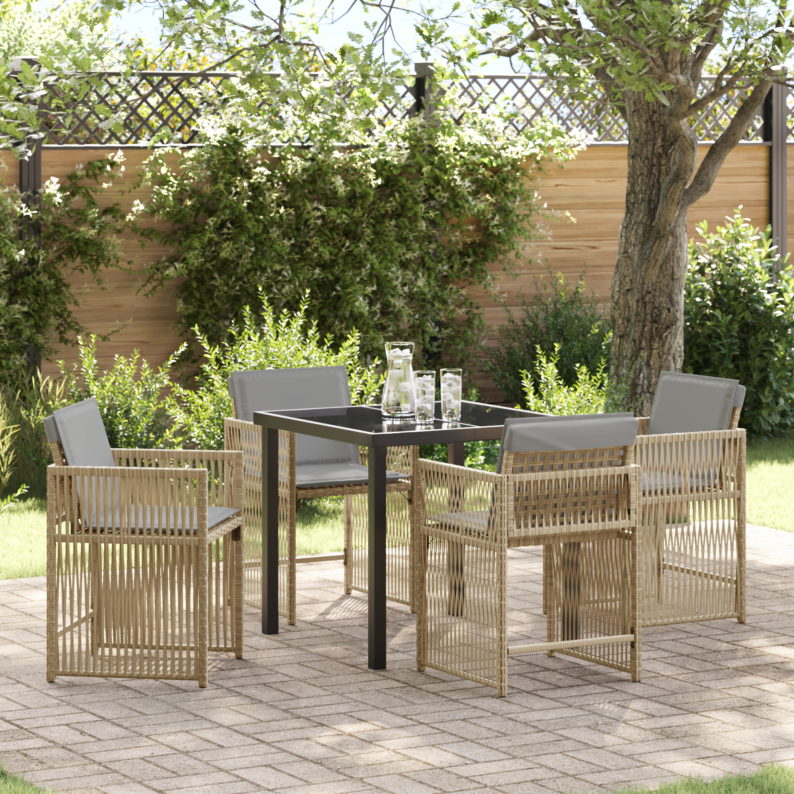 5 Piece Garden Dining Set with Cushions Beige Poly Rattan