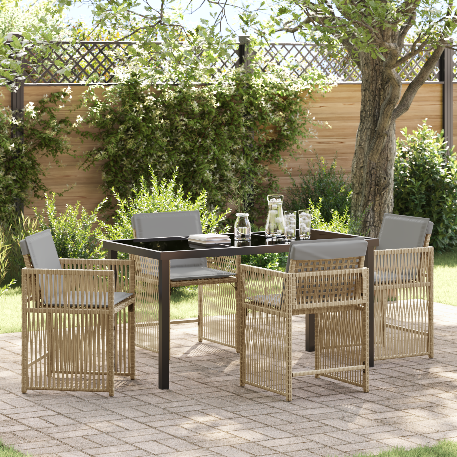 5 Piece Garden Dining Set with Cushions Beige Poly Rattan
