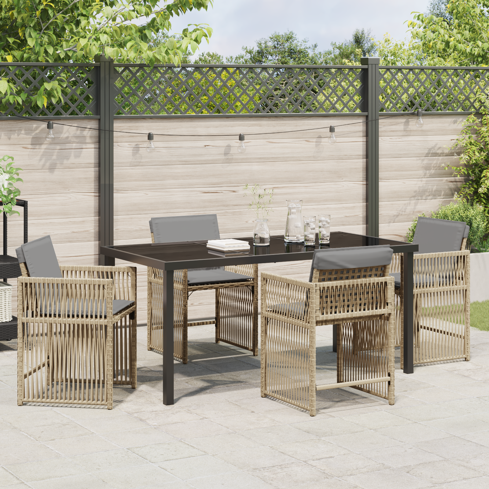 5 Piece Garden Dining Set with Cushions Beige Poly Rattan - Image 4