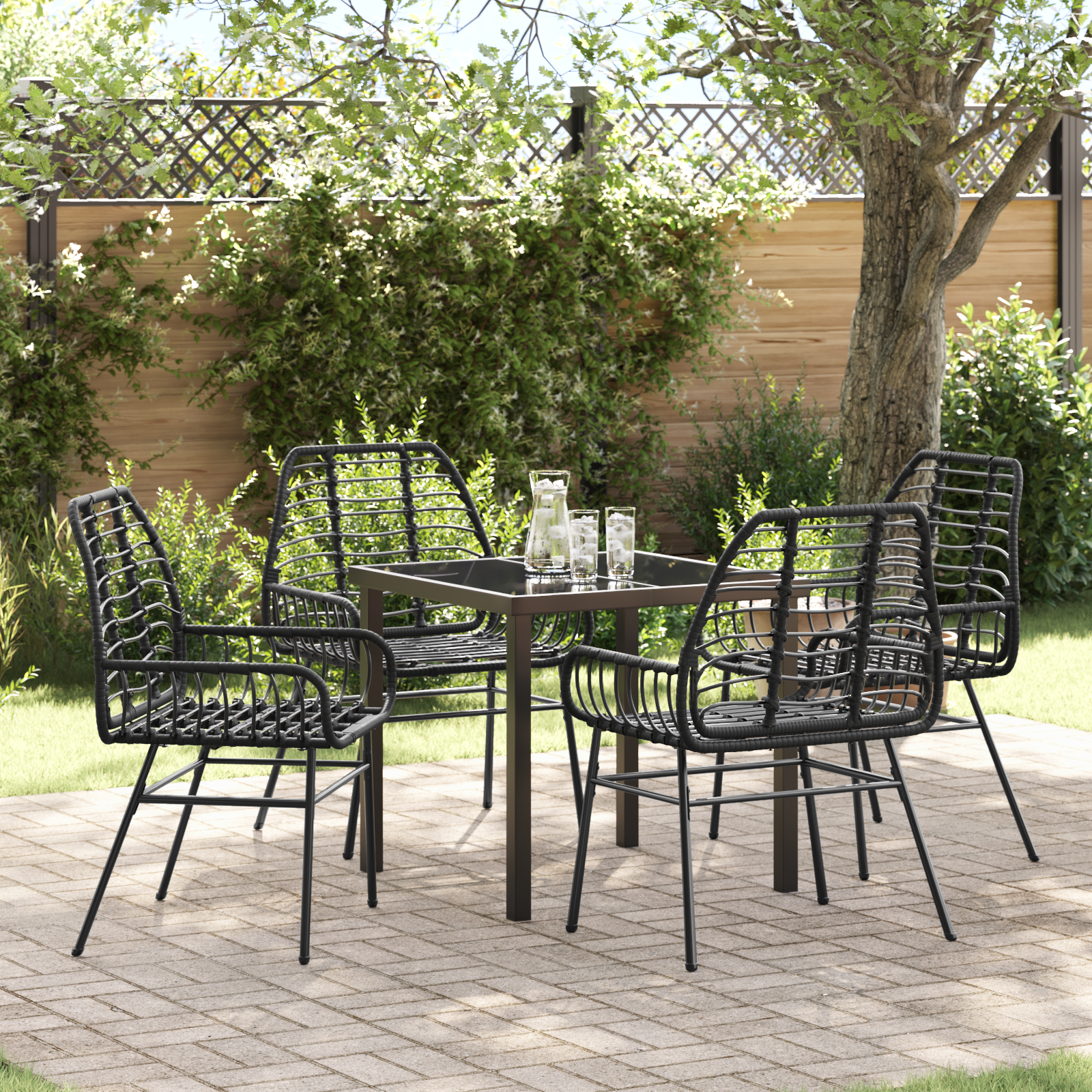 5 Piece Garden Dining Set Black Poly Rattan