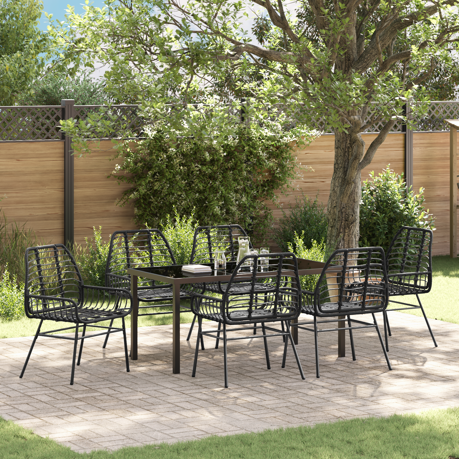 7 Piece Garden Dining Set Black Poly Rattan