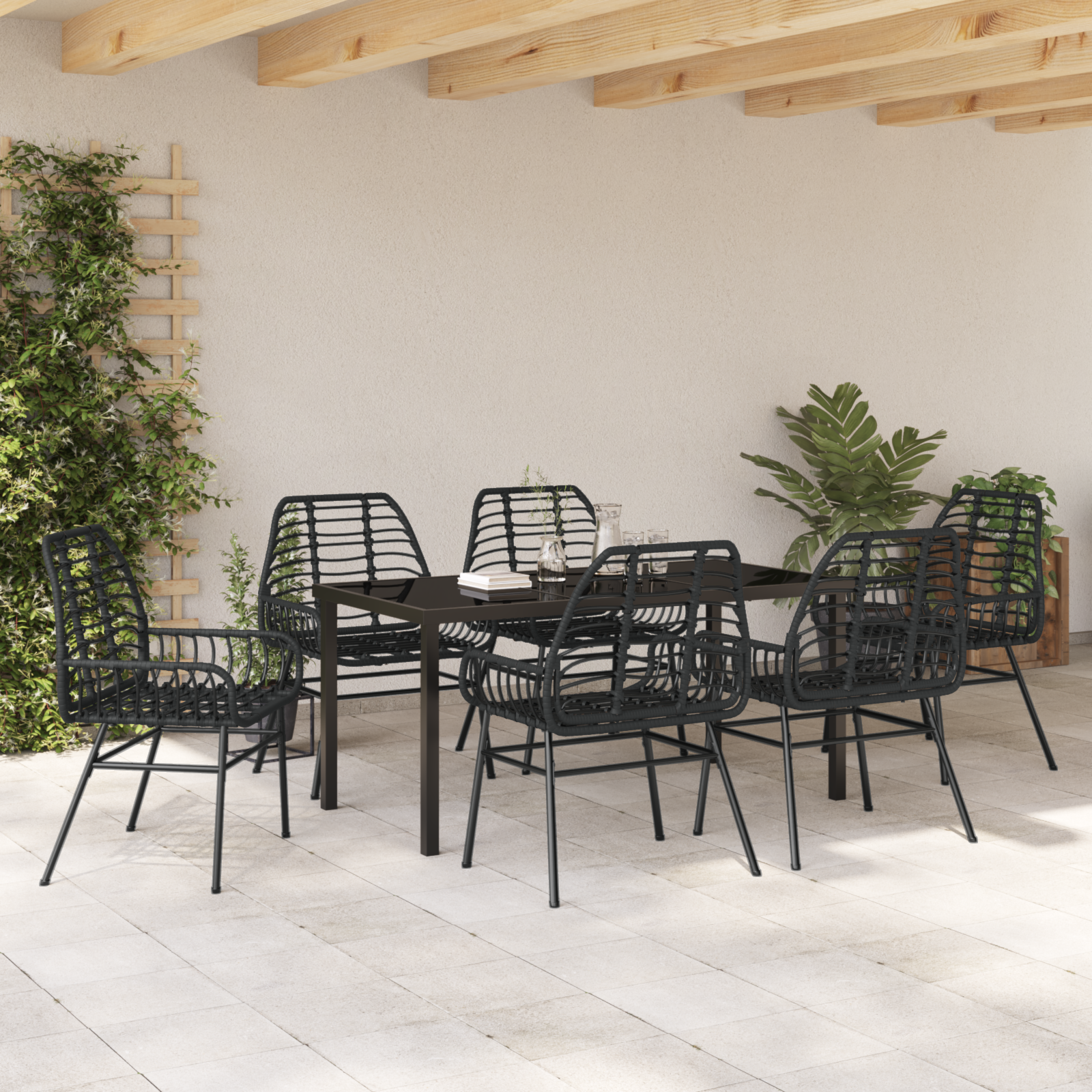 7 Piece Garden Dining Set Black Poly Rattan - Image 4