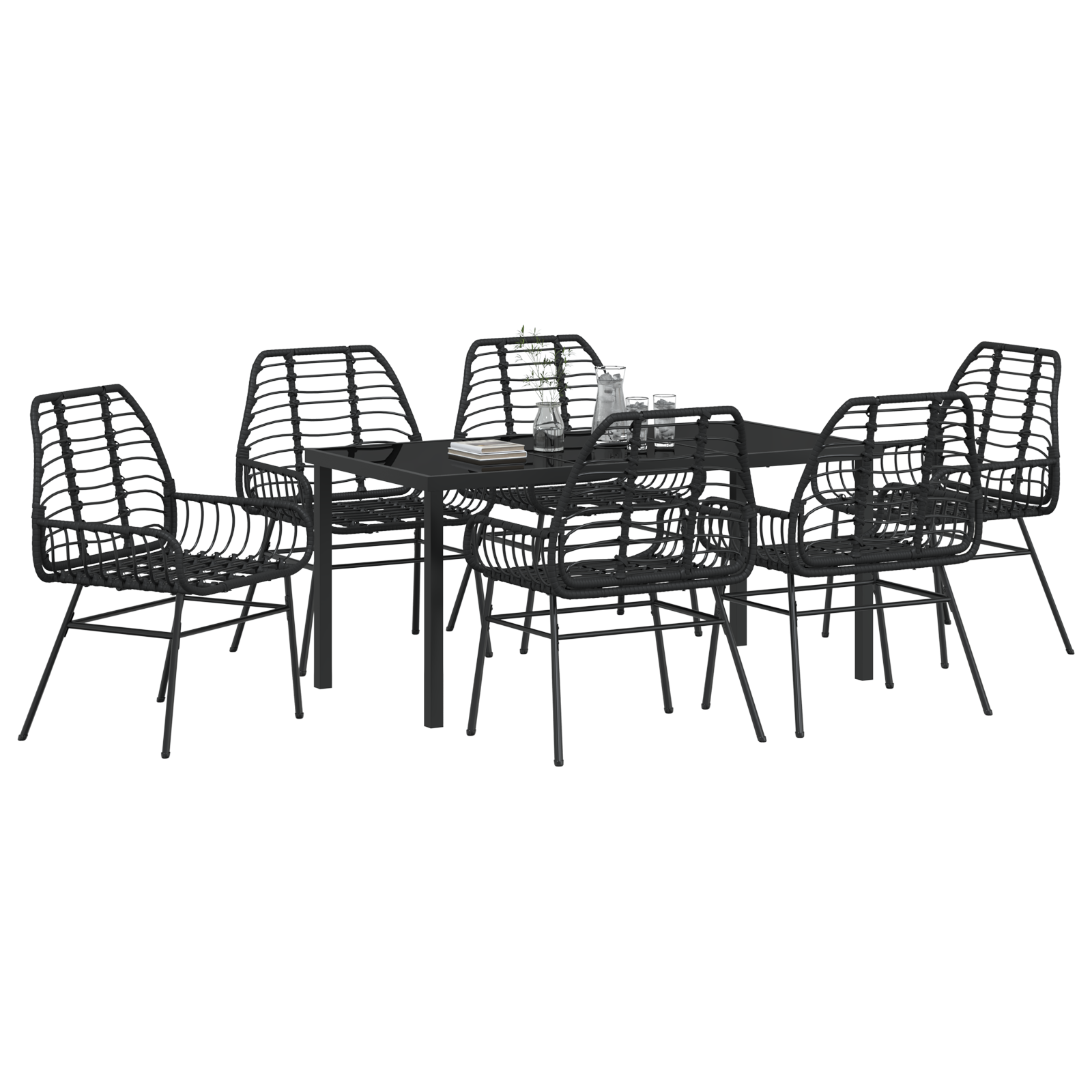 7 Piece Garden Dining Set Black Poly Rattan - Image 3