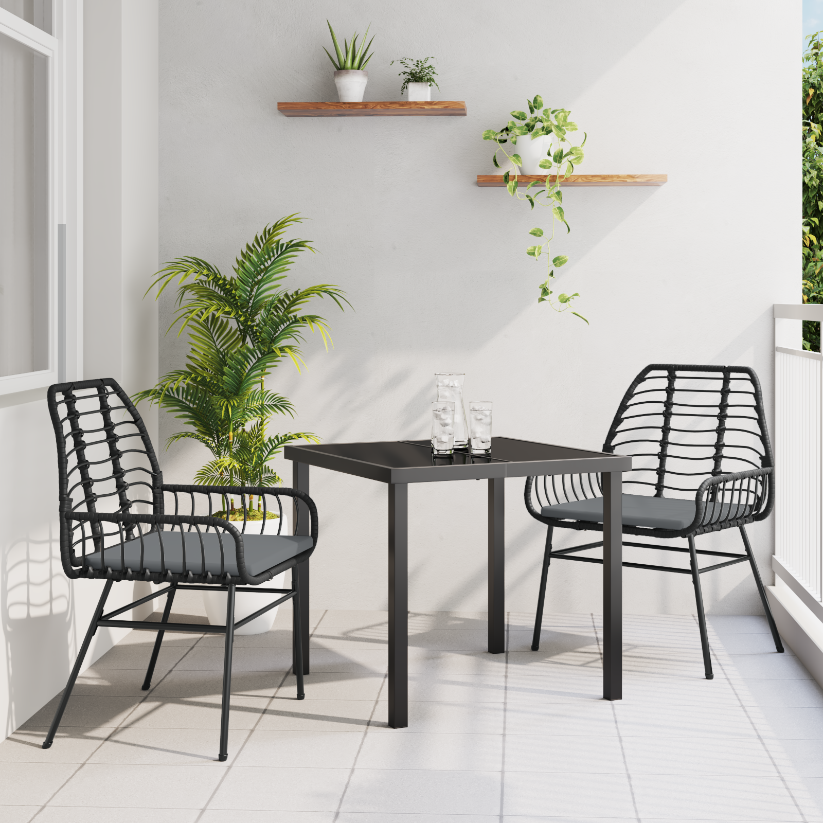 Thumbnail - vidaXL 3-teiliges Garten-Ess-Set mit Kissen, Schwarz, aus Poly Rattan
