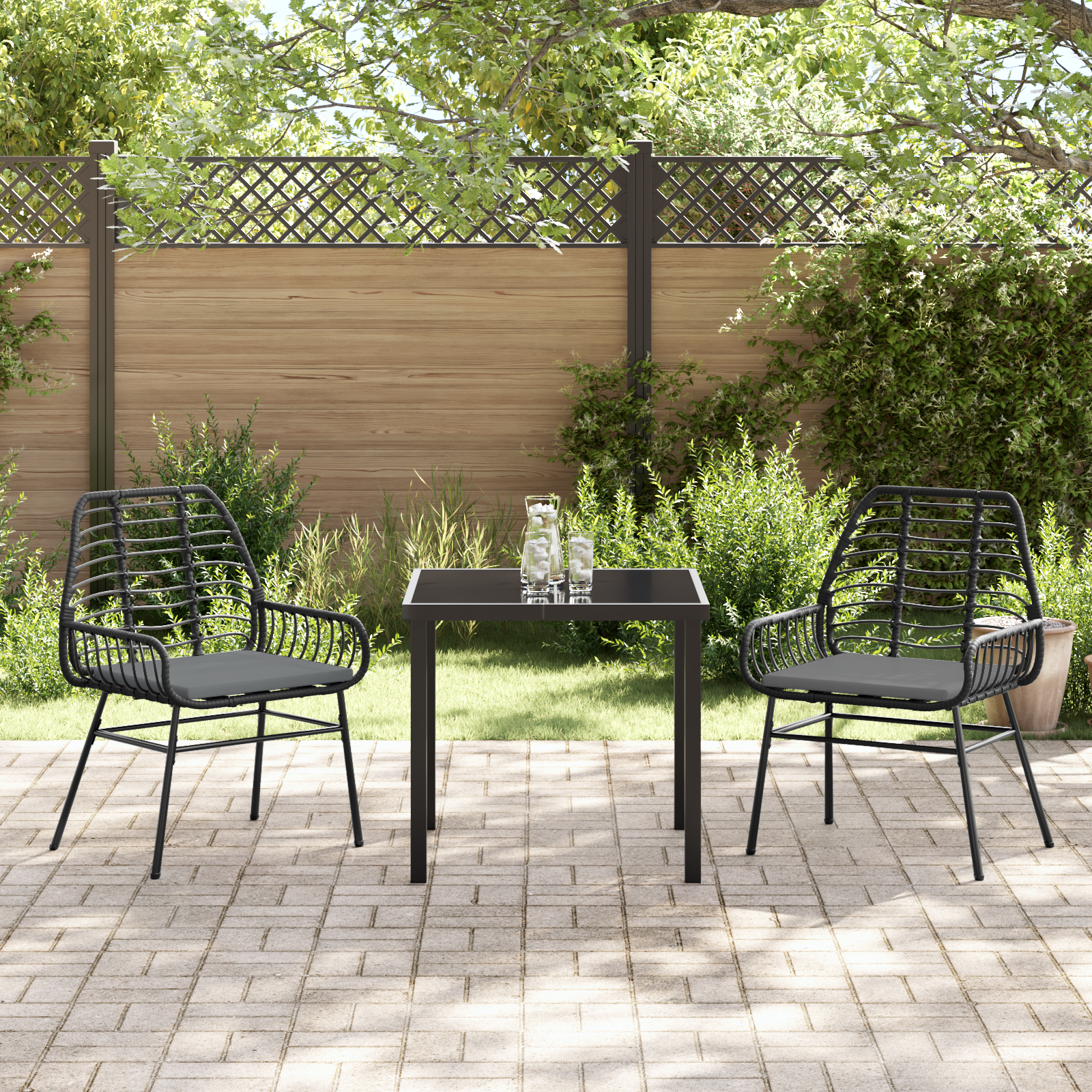 3 Piece Garden Dining Set with Cushions Black Poly Rattan - Image 4