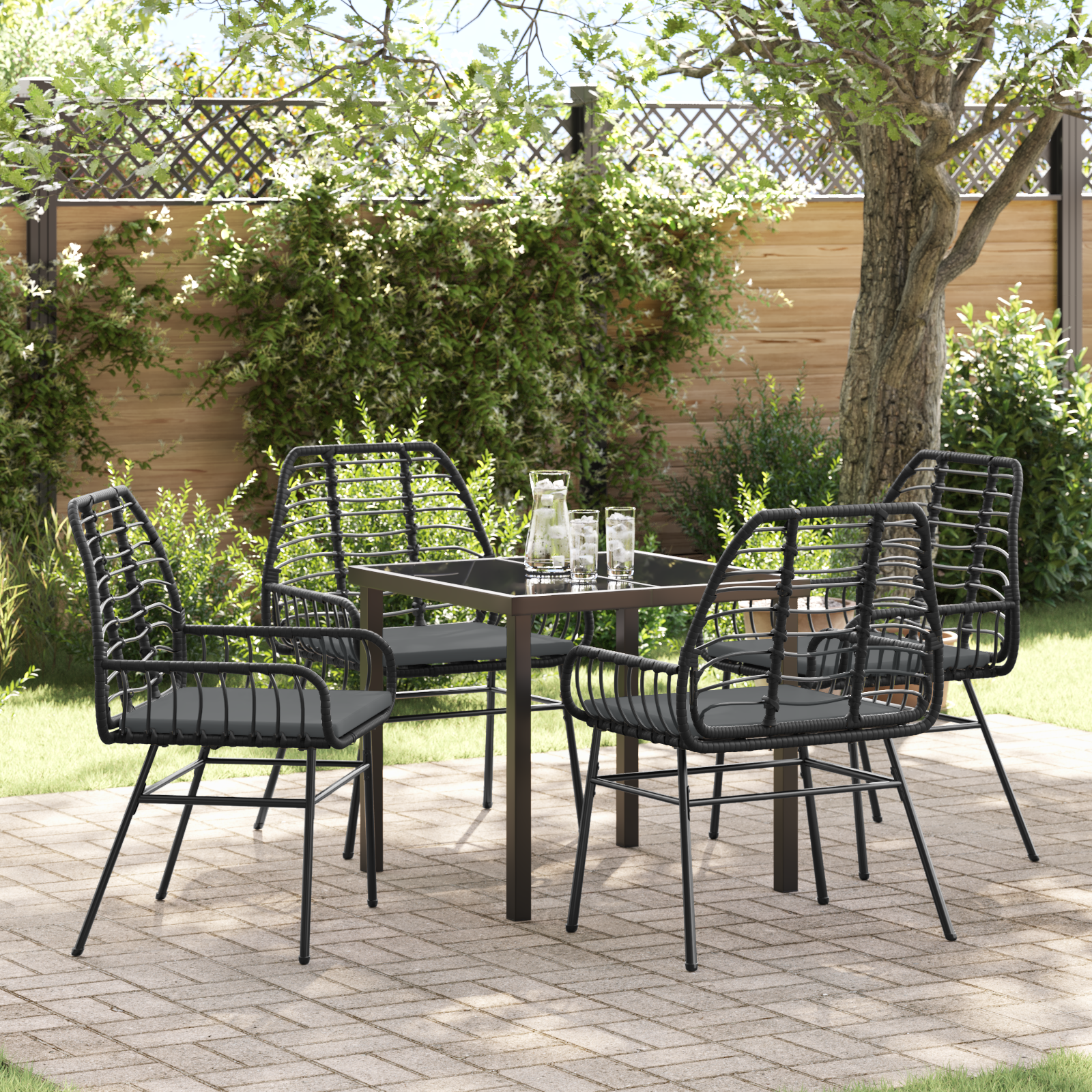 5 Piece Garden Dining Set with Cushions Black Poly Rattan
