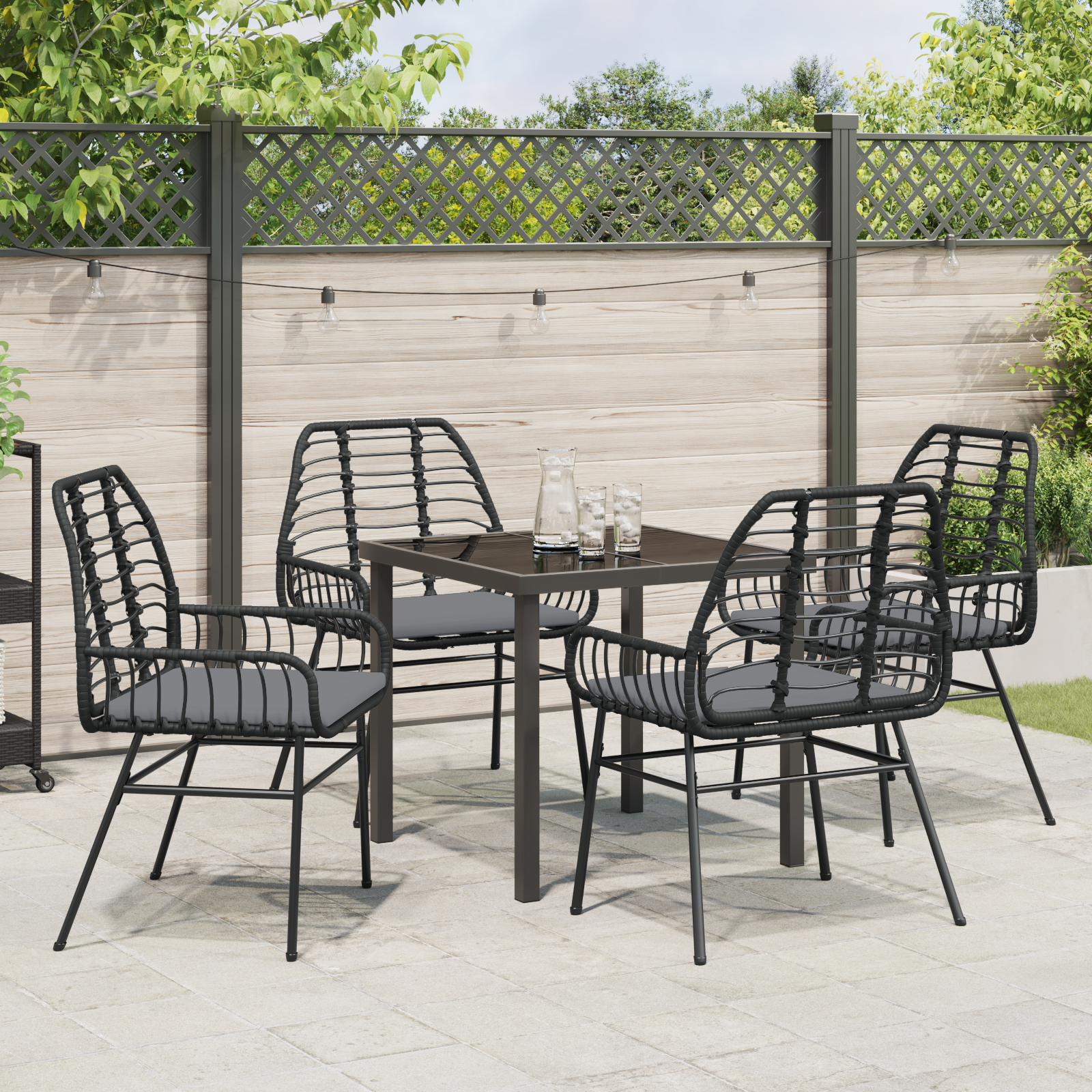 5 Piece Garden Dining Set with Cushions Black Poly Rattan - Image 4