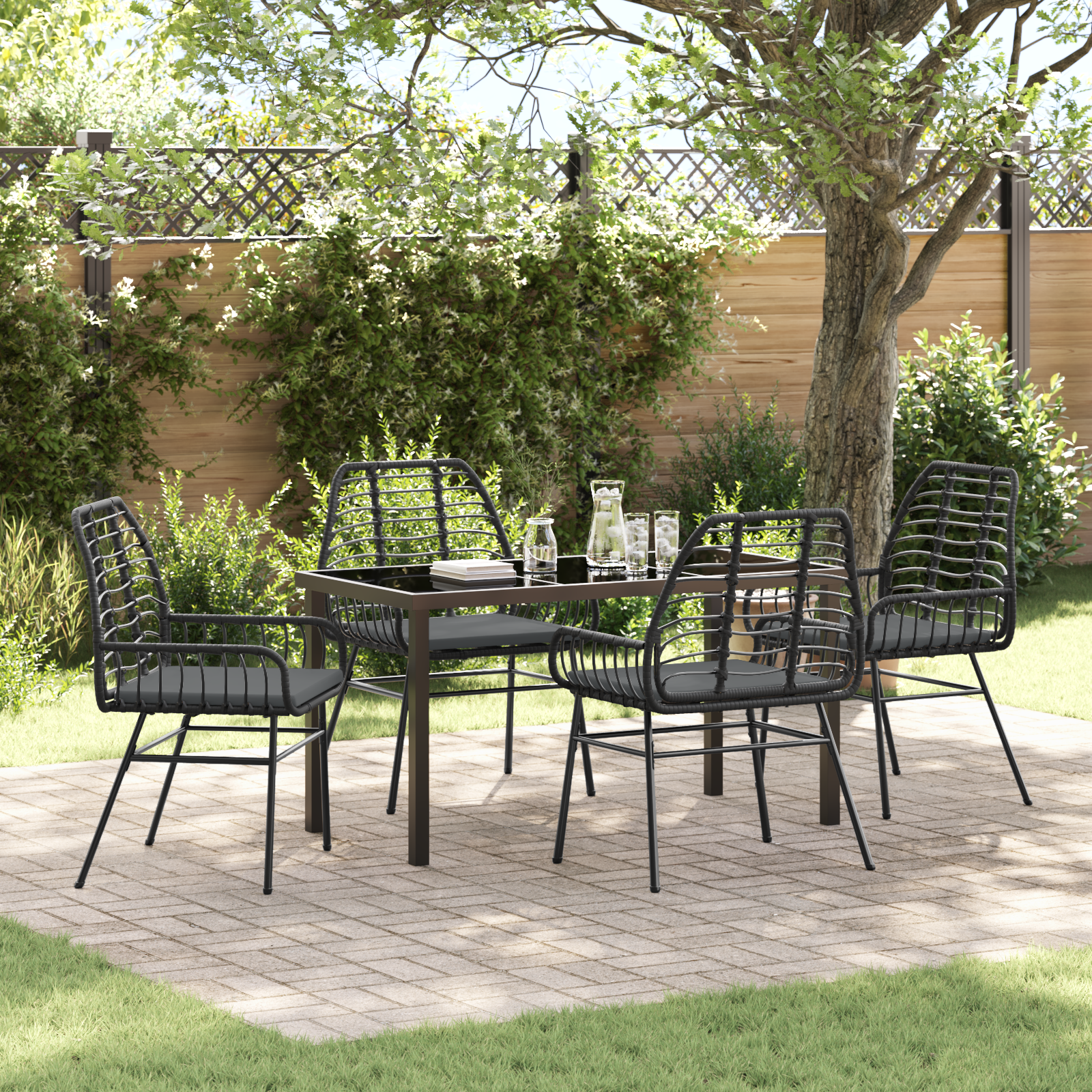 5 Piece Garden Dining Set with Cushions Black Poly Rattan