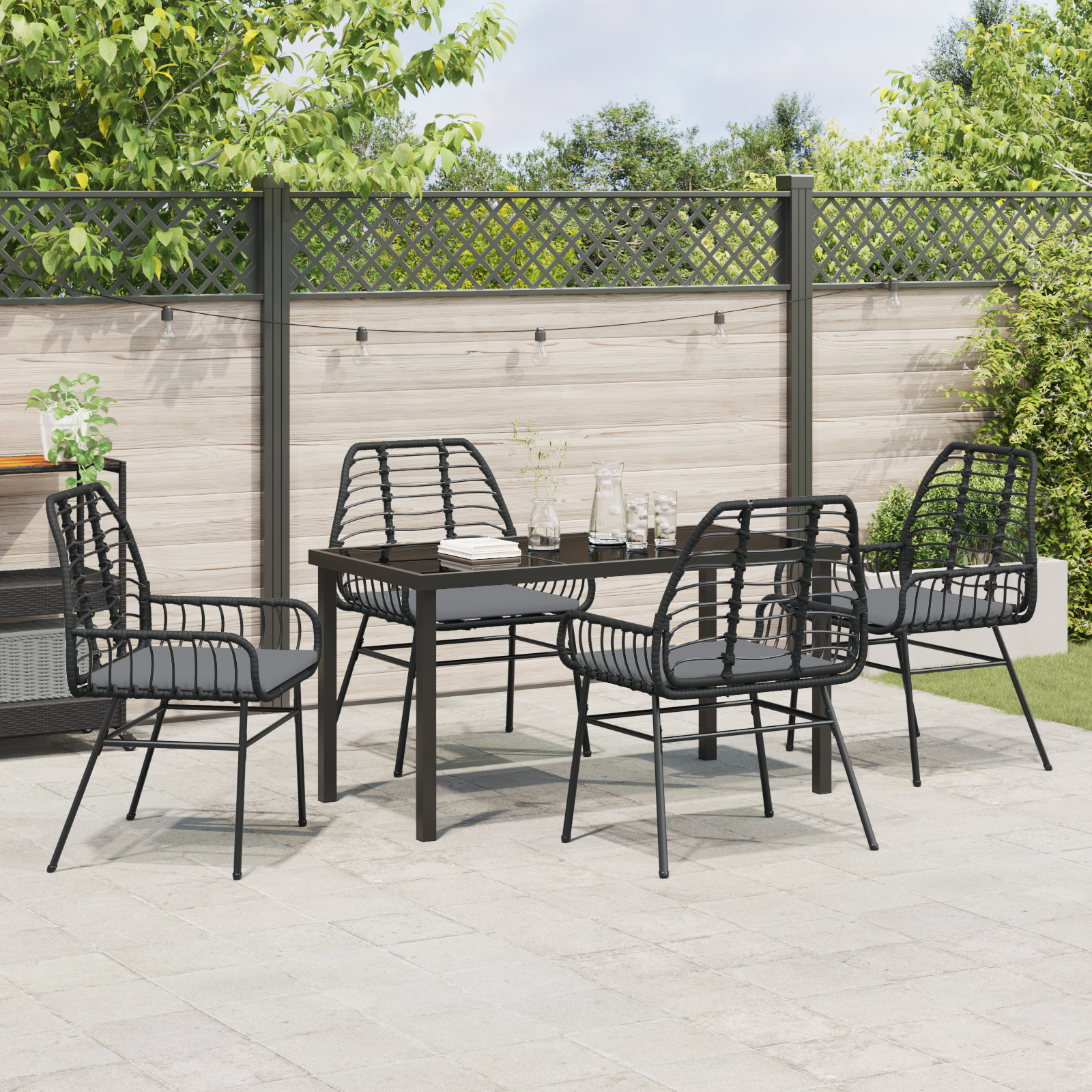 5 Piece Garden Dining Set with Cushions Black Poly Rattan - Image 4