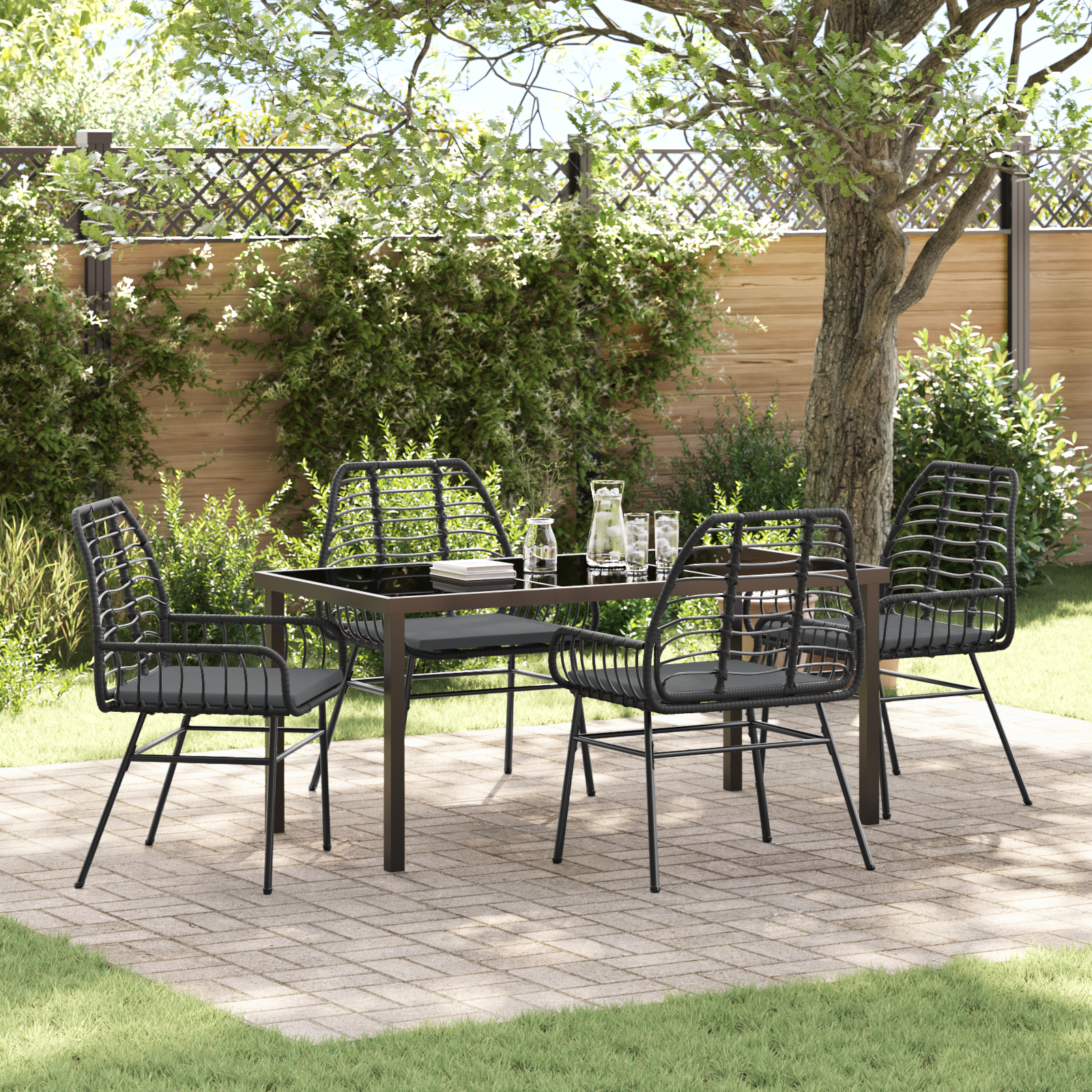 5 Piece Garden Dining Set with Cushions Black Poly Rattan