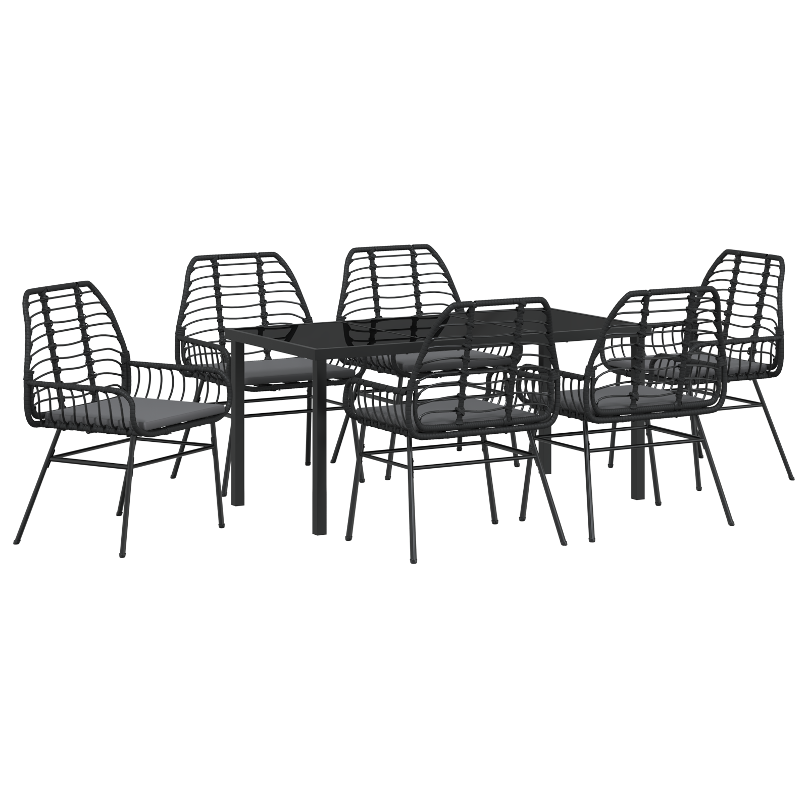 7 Piece Garden Dining Set with Cushions Black Poly Rattan - Image 2