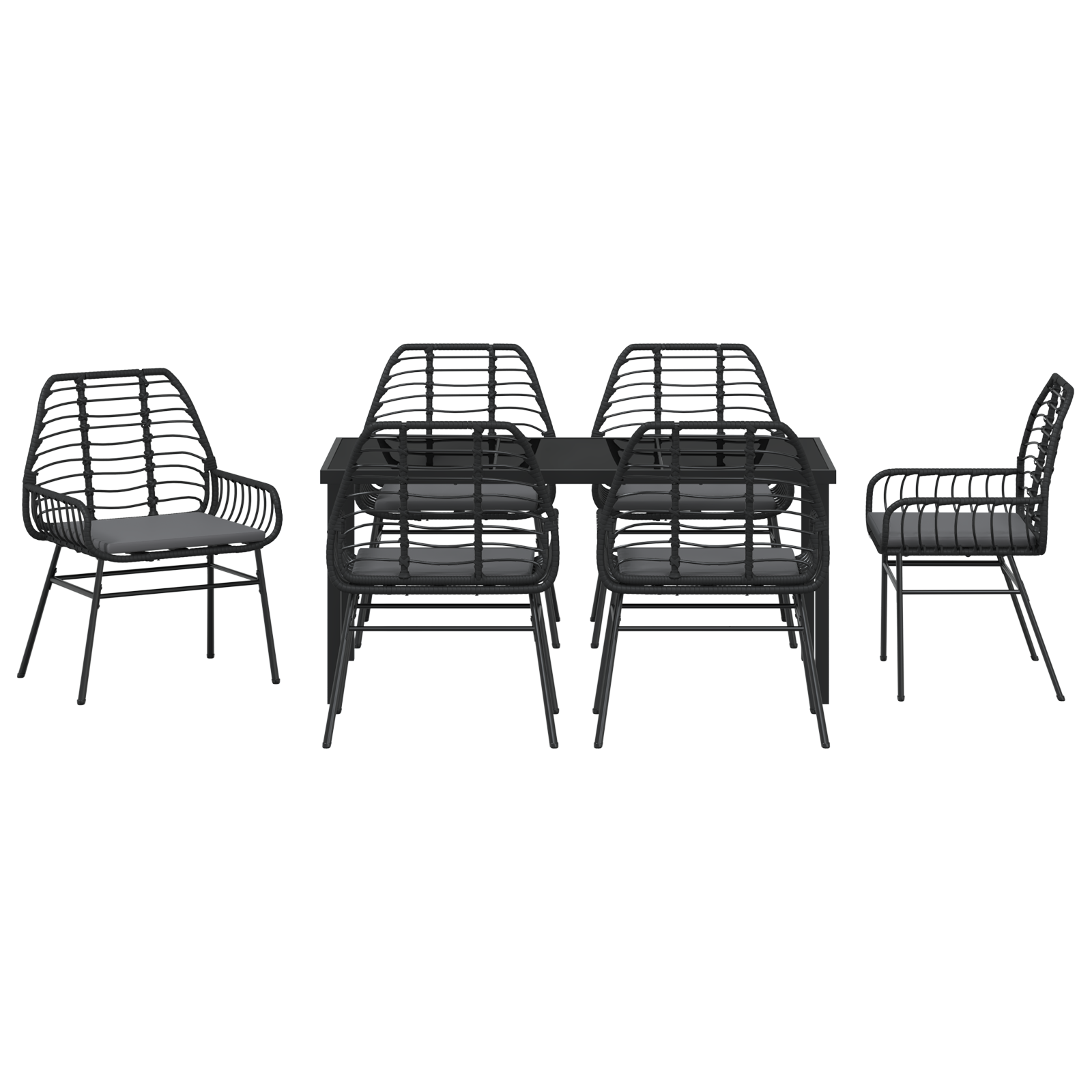 7 Piece Garden Dining Set with Cushions Black Poly Rattan - Image 7