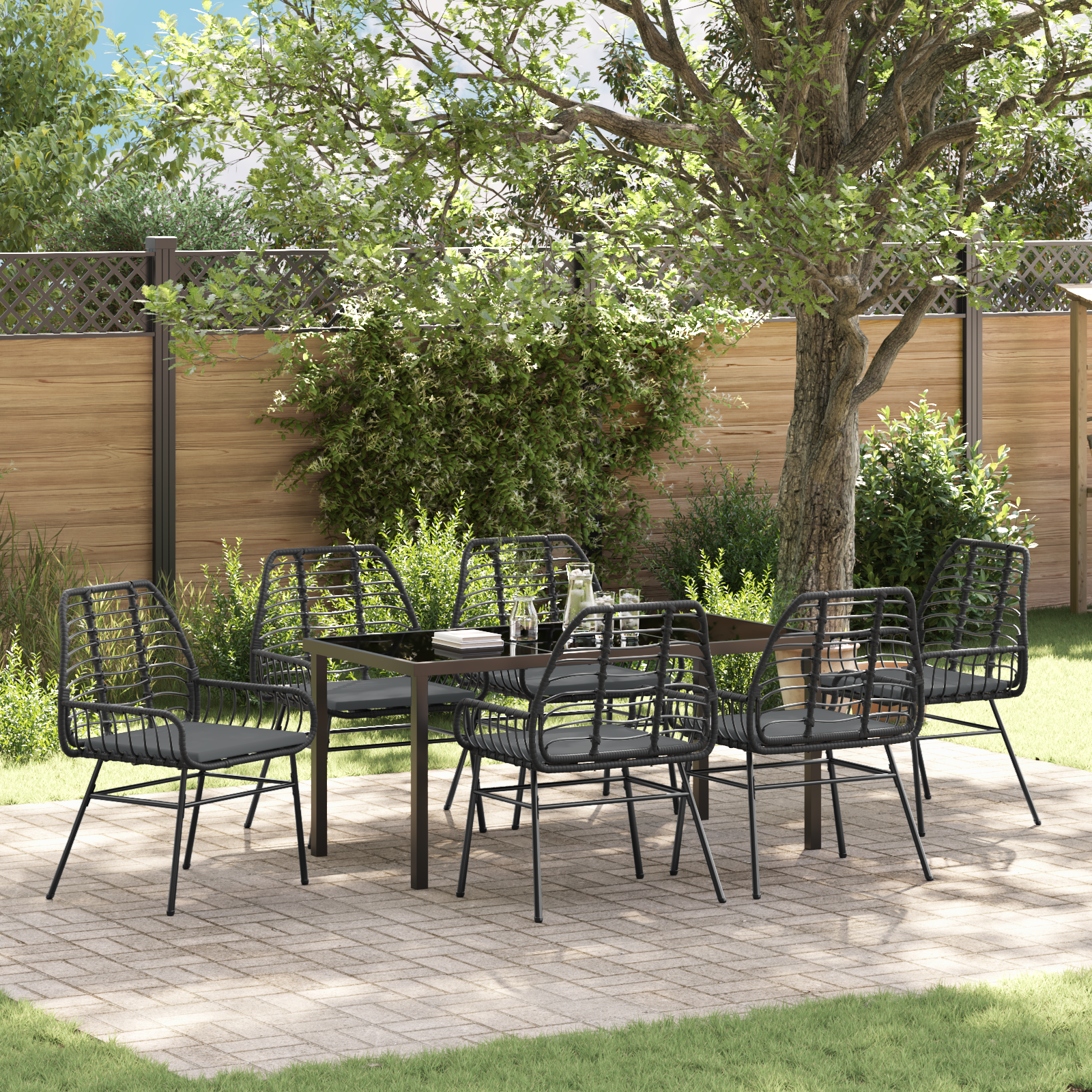 7 Piece Garden Dining Set with Cushions Black Poly Rattan