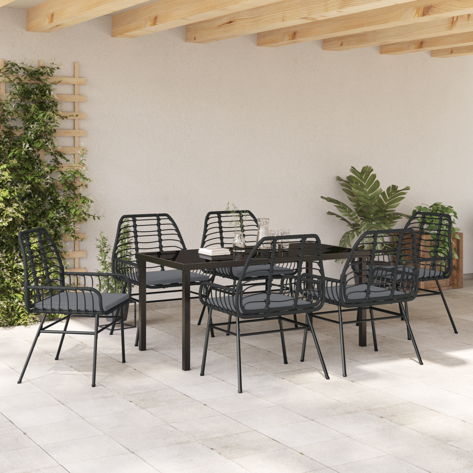 7 Piece Garden Dining Set with Cushions Black Poly Rattan - Image 4