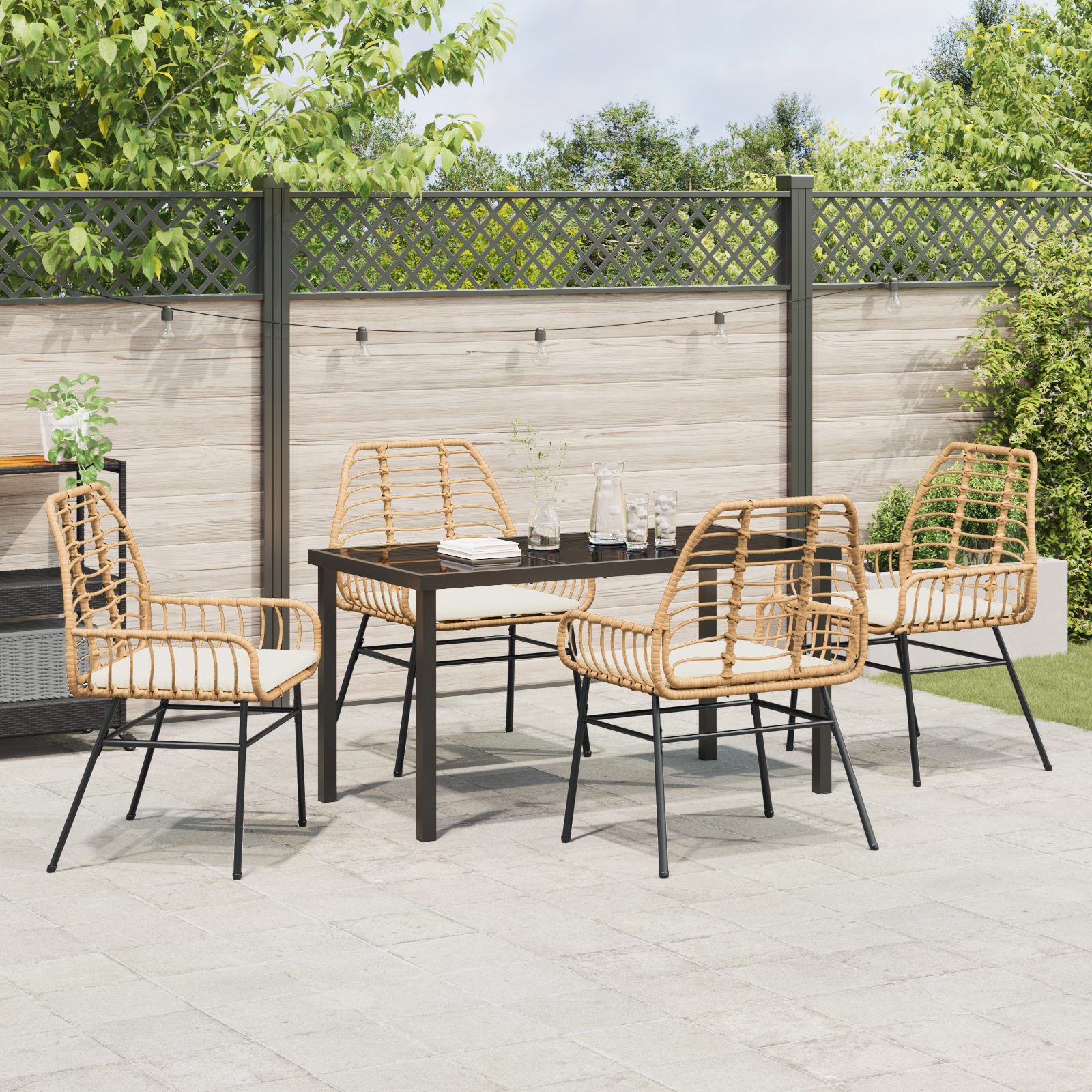 5 Piece Garden Dining Set with Cushions Brown Poly Rattan - Image 4