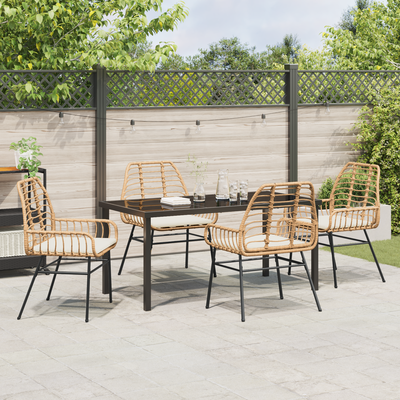 5 Piece Garden Dining Set with Cushions Brown Poly Rattan - Image 4
