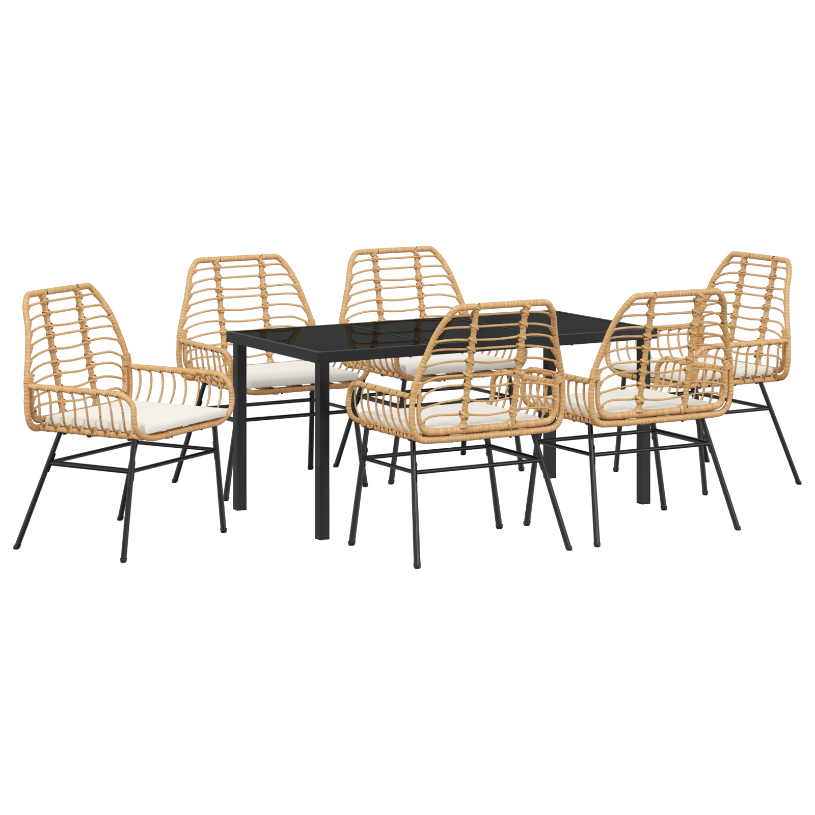 7 Piece Garden Dining Set with Cushions Brown Poly Rattan - Image 2